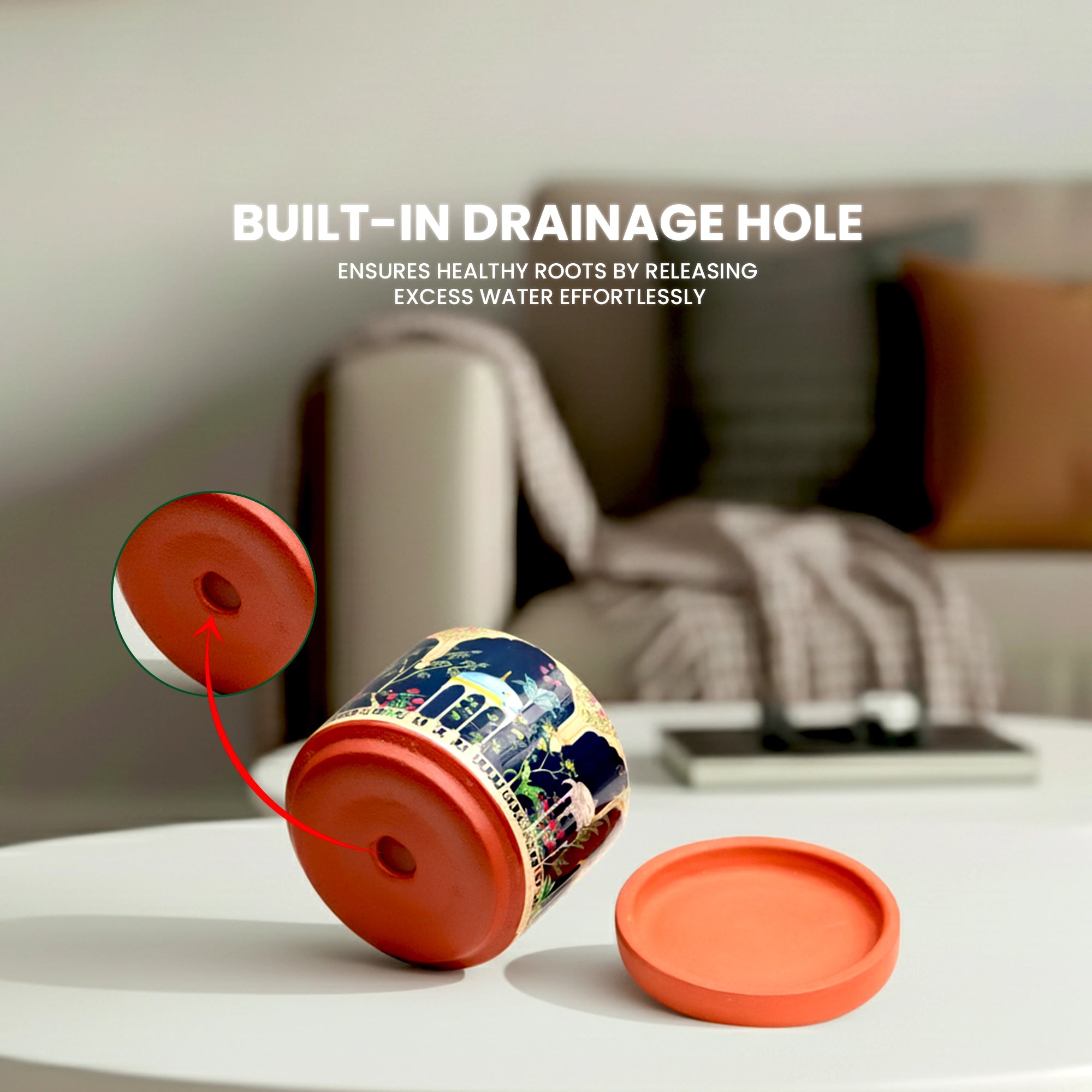 Riyasat 3D Print Terracotta Pot With Saucer with drainage hole