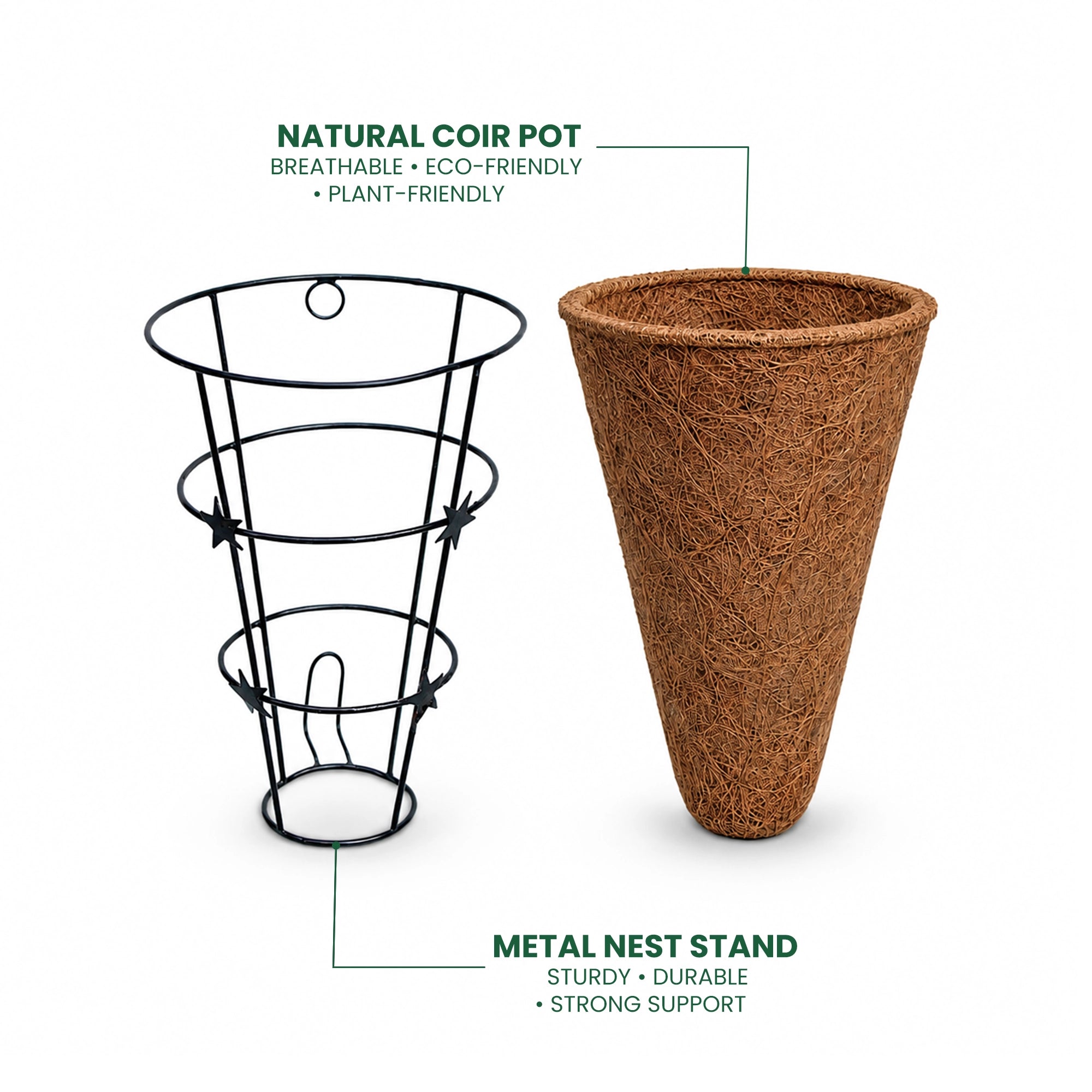 Urban Plant CONE Coir Wall Planter – Set of 3 | Natural Coir Liner with Decorative Metal Wall Basket