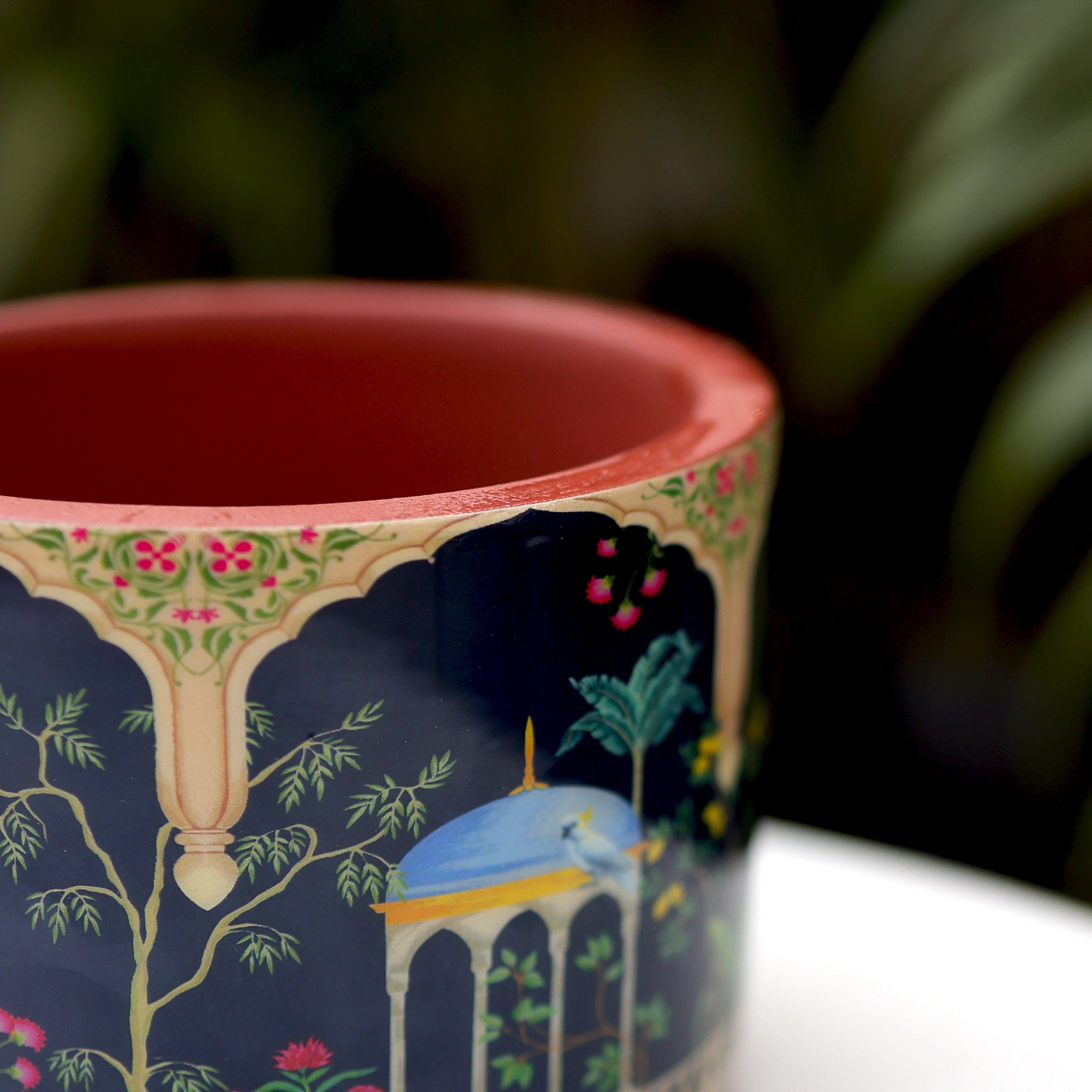 Riyasat 3D Print Terracotta Pot With Saucer overview close up