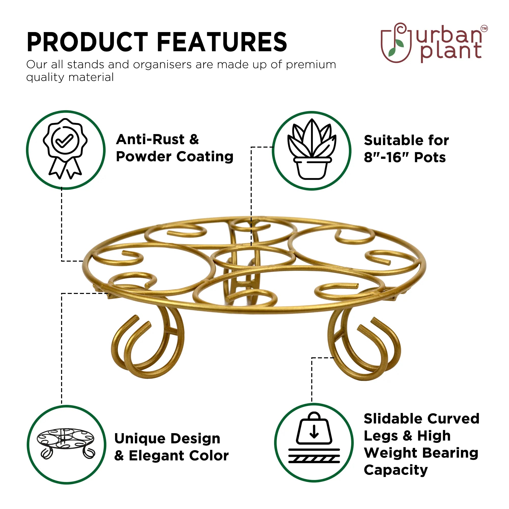 Indoor Designer Metal Pot Stands (Set of 4) (1212, Gold) Urban Plant