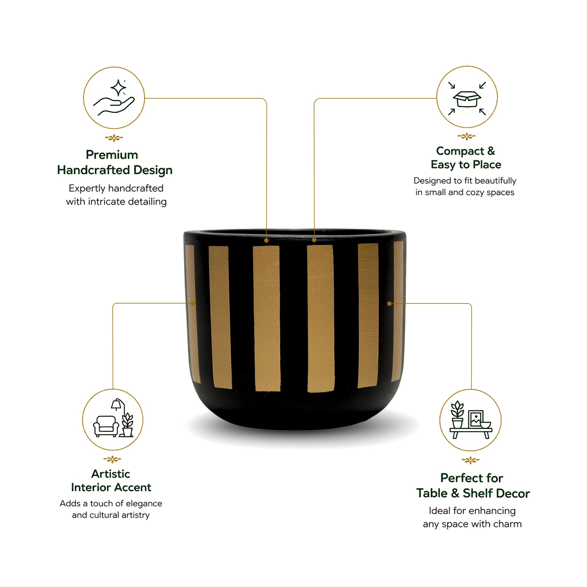 Neo Stripe Terracotta Pot in Black Gold with premium golden vertical stripe design
