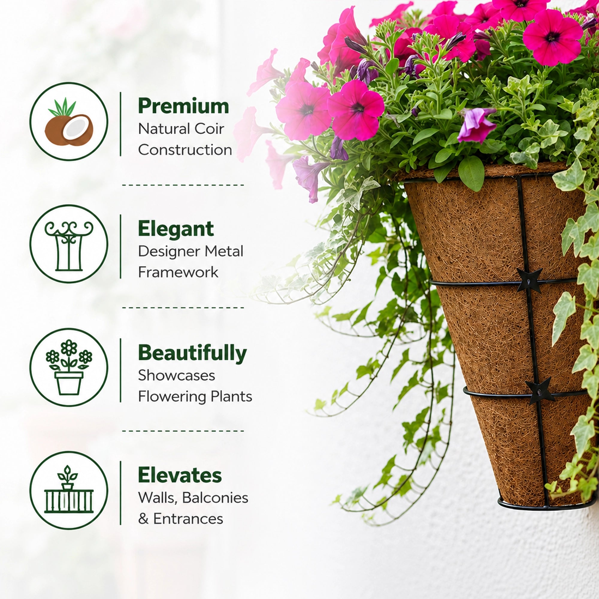 Urban Plant CONE Coir Wall Planter – Set of 3 | Natural Coir Liner with Decorative Metal Wall Basket