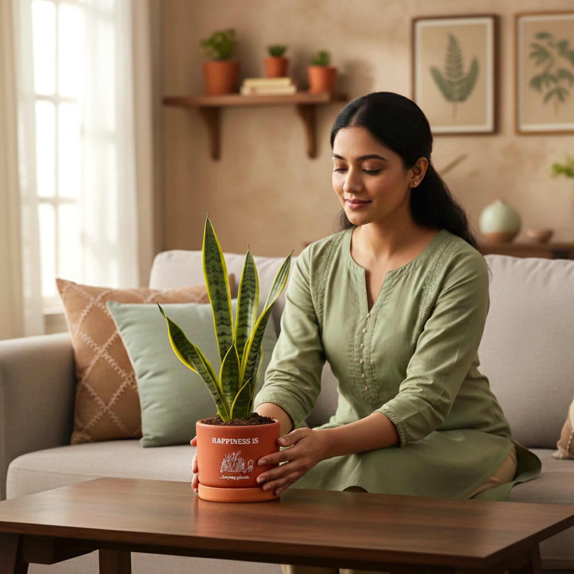 Joy Root Terracotta Pot with Saucer place on tabletop