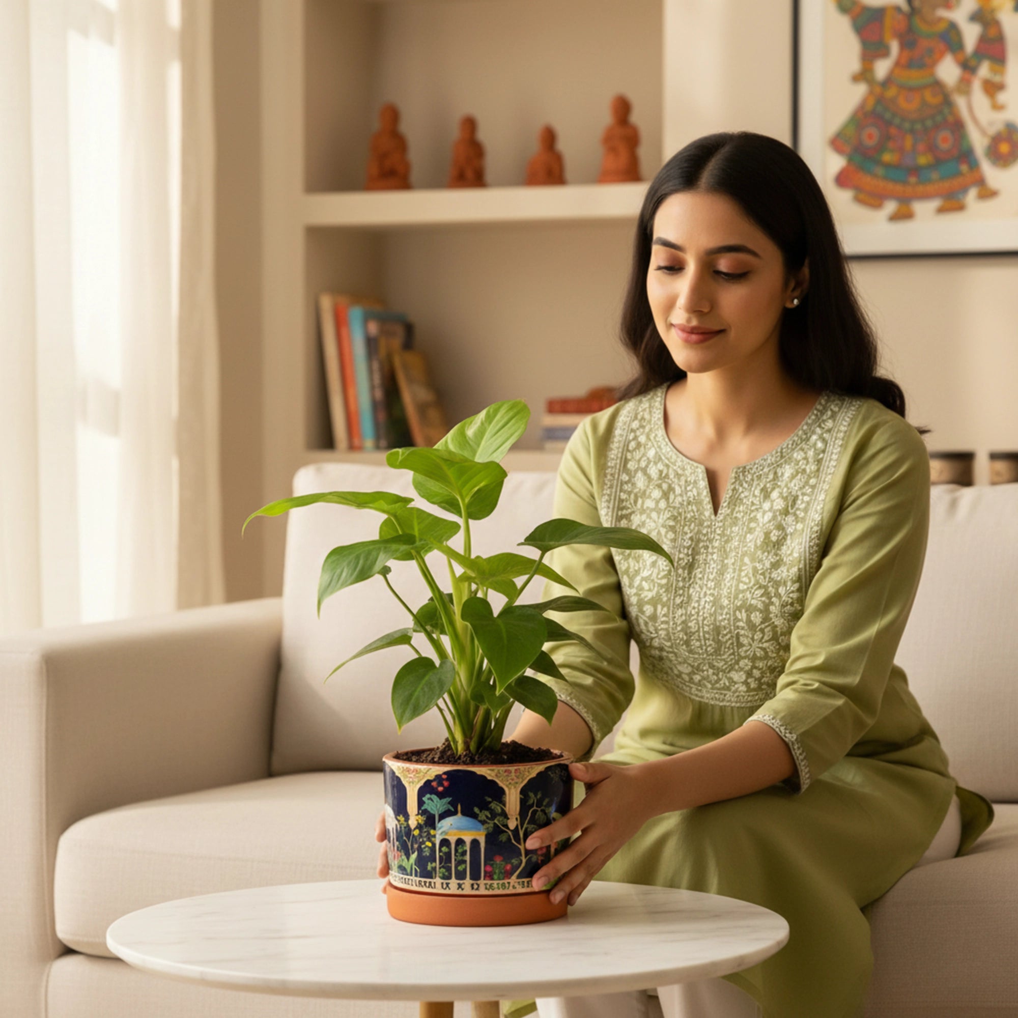 Riyasat 3D Print Terracotta Pot With Saucer lifestyle on tabletop