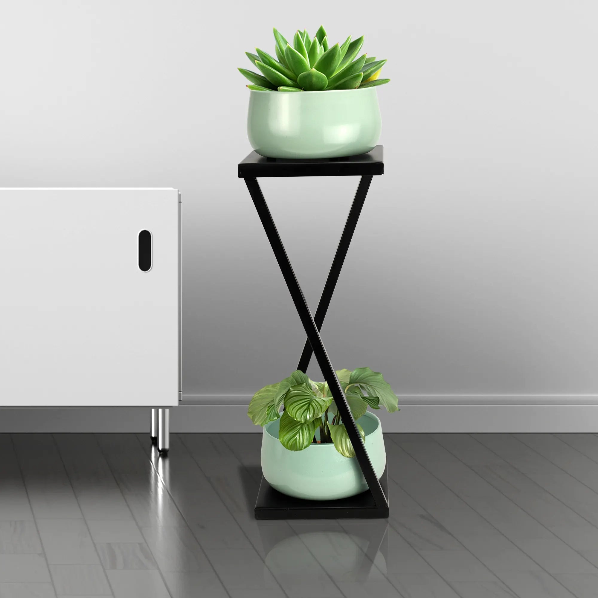 Elegant Z Planter Stand with 2 Pots for Office / Home Decor Urban Plant Cyan