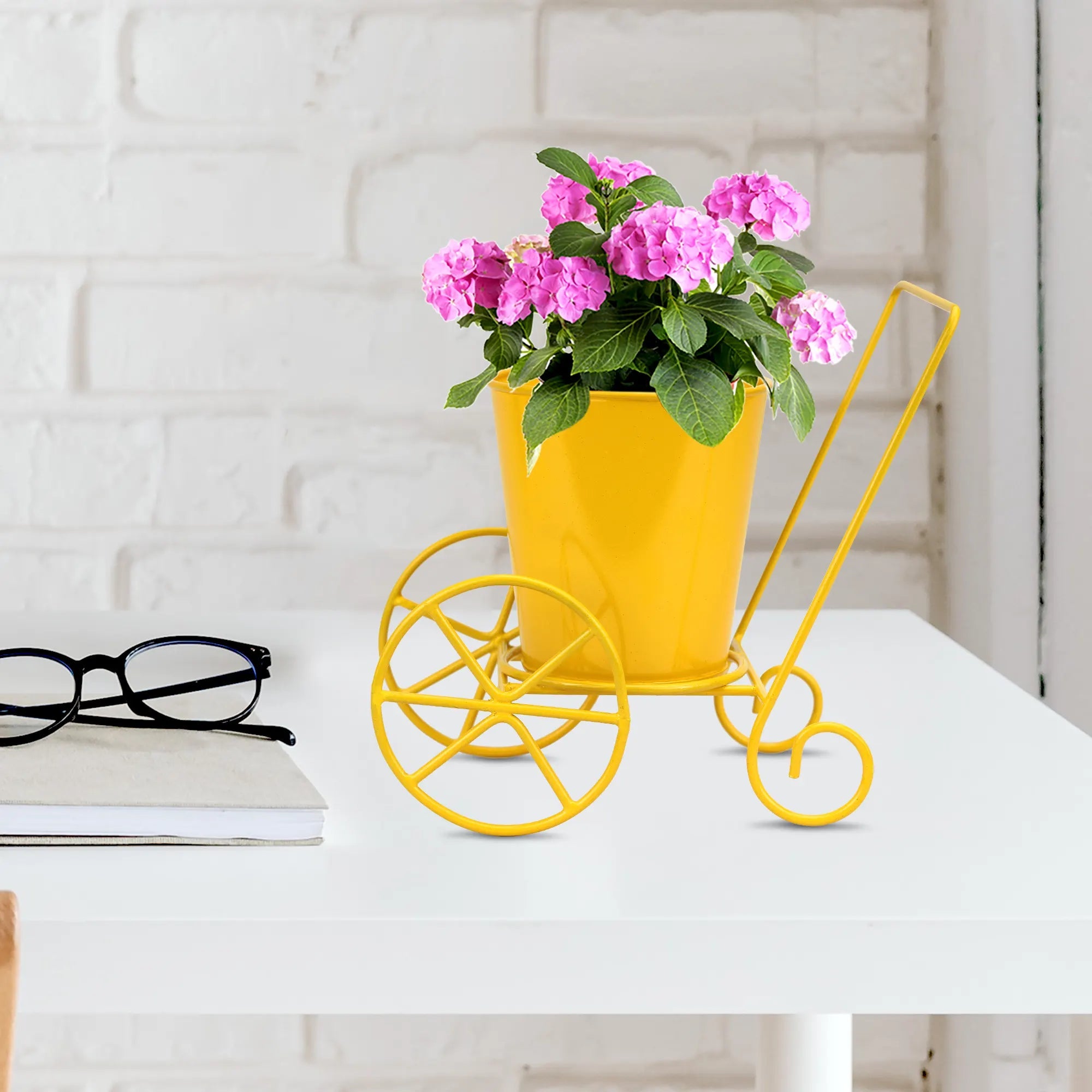 Decorative Wheels Planter for Table Top Metal Planter Urban Plant Yellow