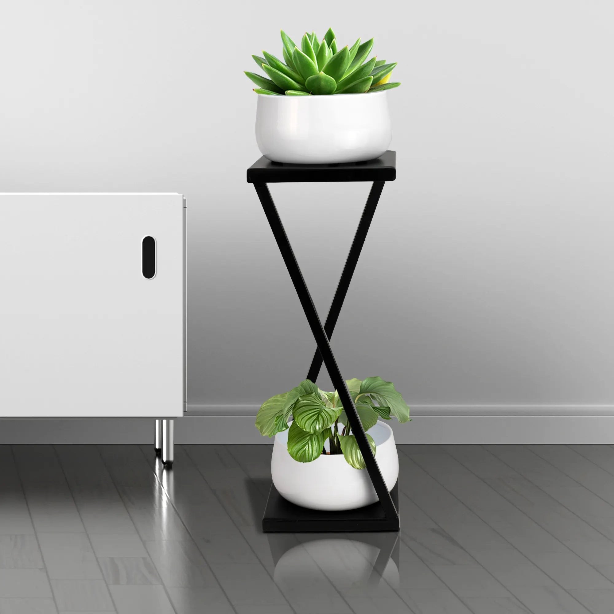 Elegant Z Planter Stand with 2 Pots for Office / Home Decor Urban Plant White