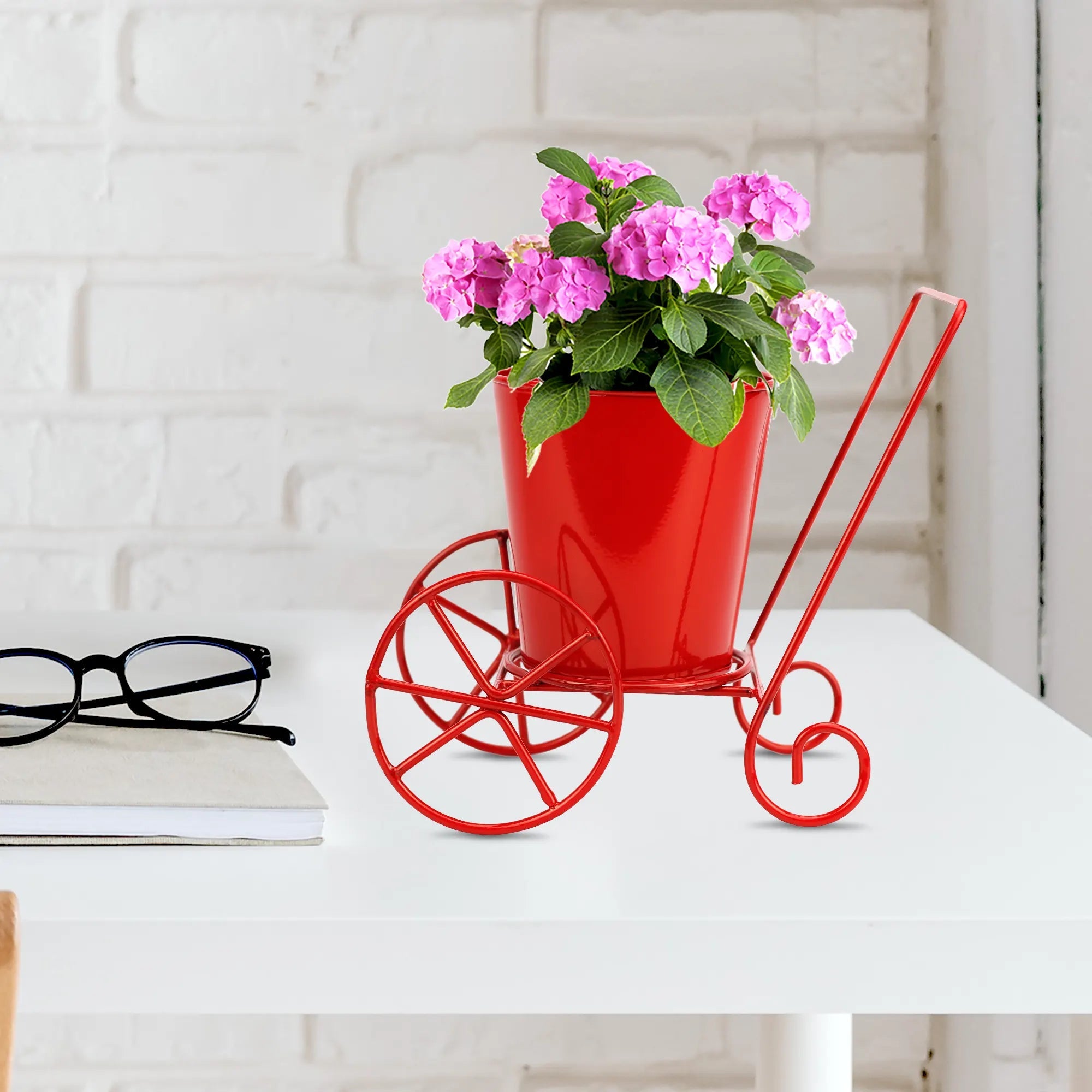 Decorative Wheels Planter for Table Top Metal Planter Urban Plant Red 