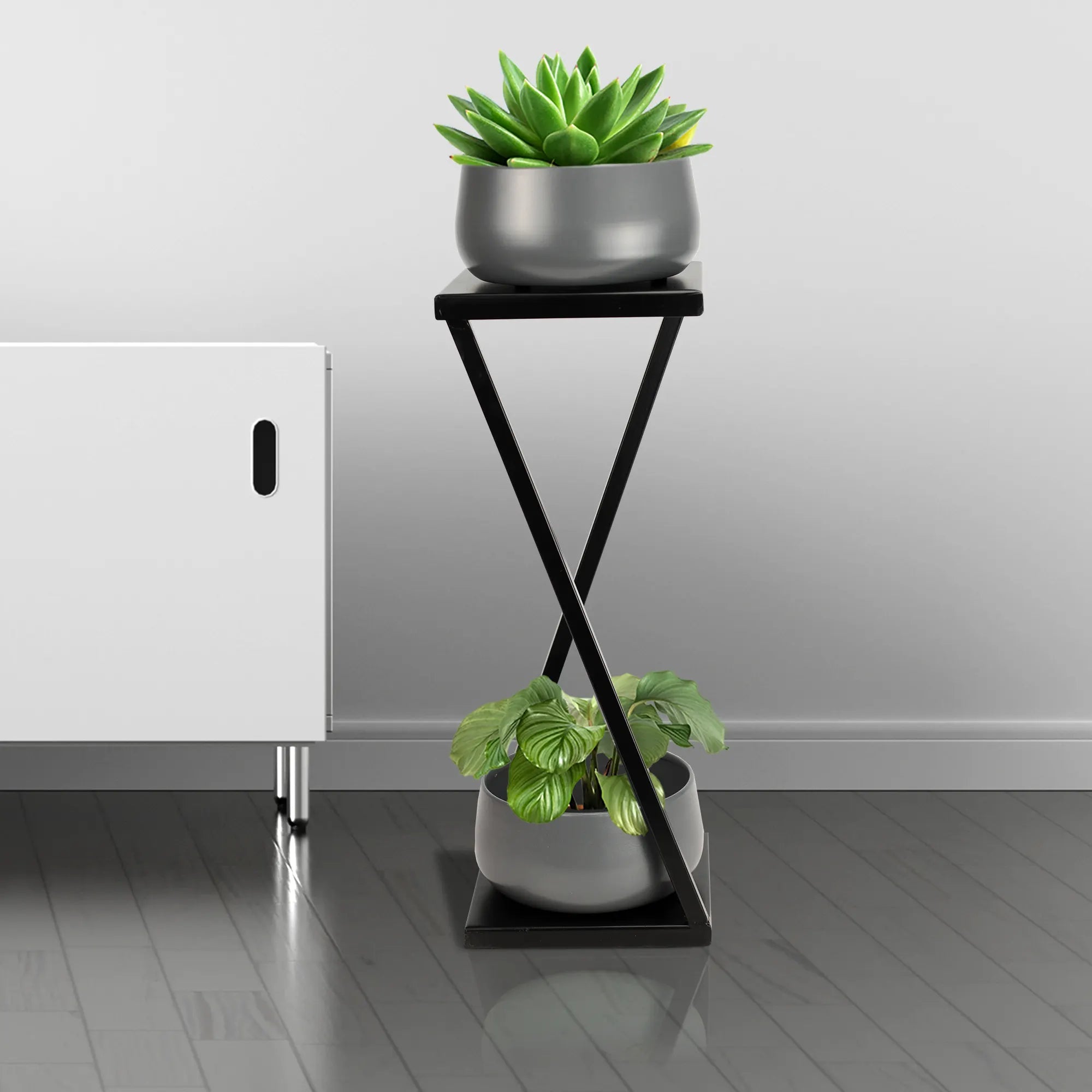 Elegant Z Planter Stand with 2 Pots for Office / Home Decor Urban Plant Grey 