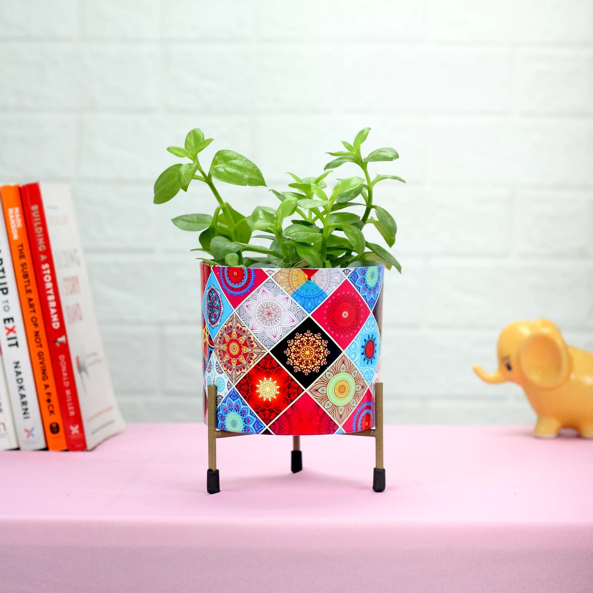 Stylish Colorful Round Metal Planter with Iron Stand Metal Planter Urban Plant Colourful Metal Planter