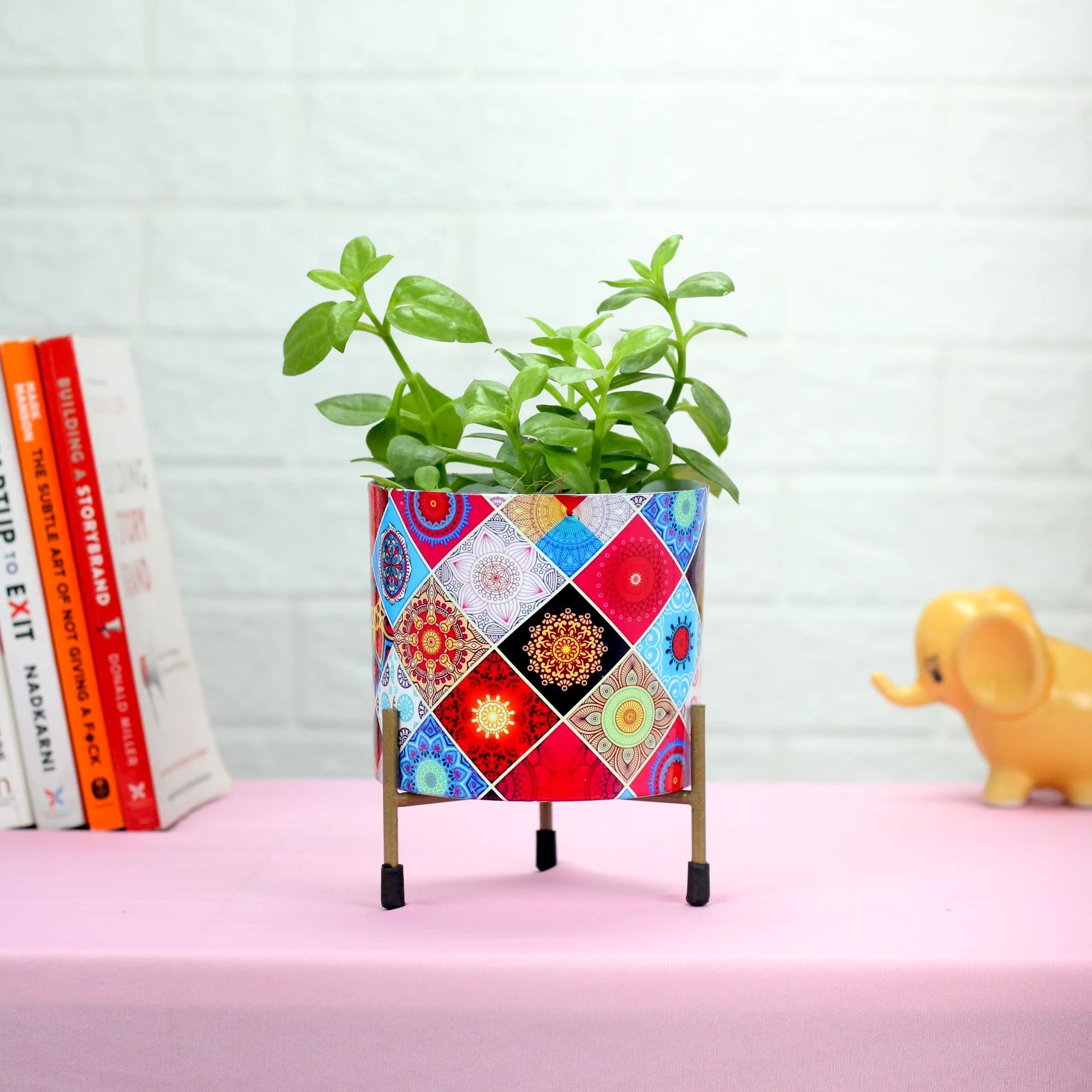 Stylish Colorful Round Metal Planter with Iron Stand Metal Planter Urban Plant Colourful Metal Planter 