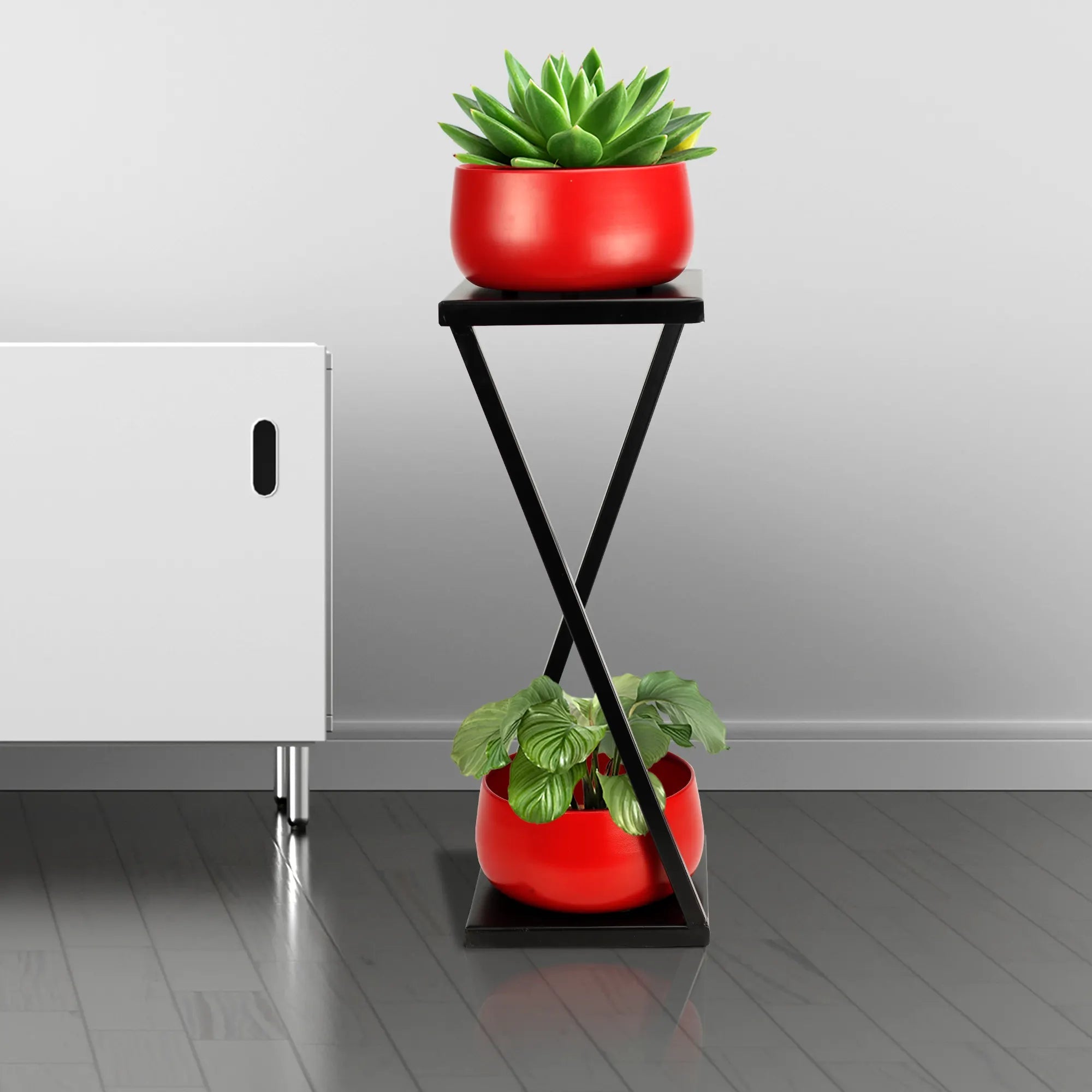 Elegant Z Planter Stand with 2 Pots for Office / Home Decor Urban Plant Red 