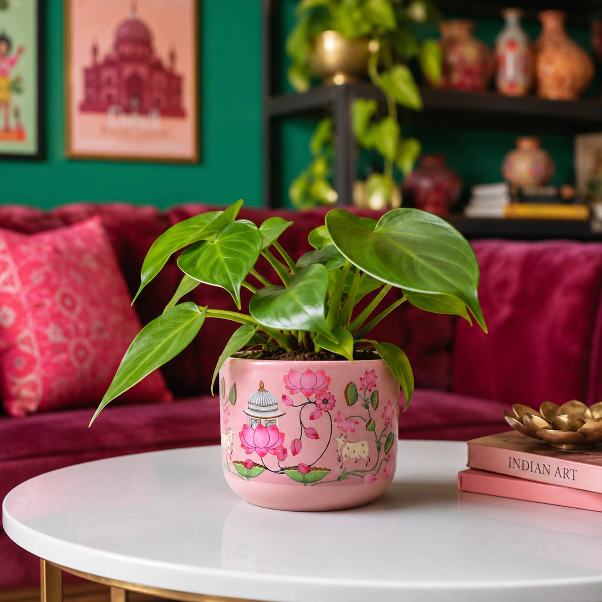 Mahal 3D Print Terracotta Pot in Blush Pink with lotus and Indian heritage artwork by Urban Plant