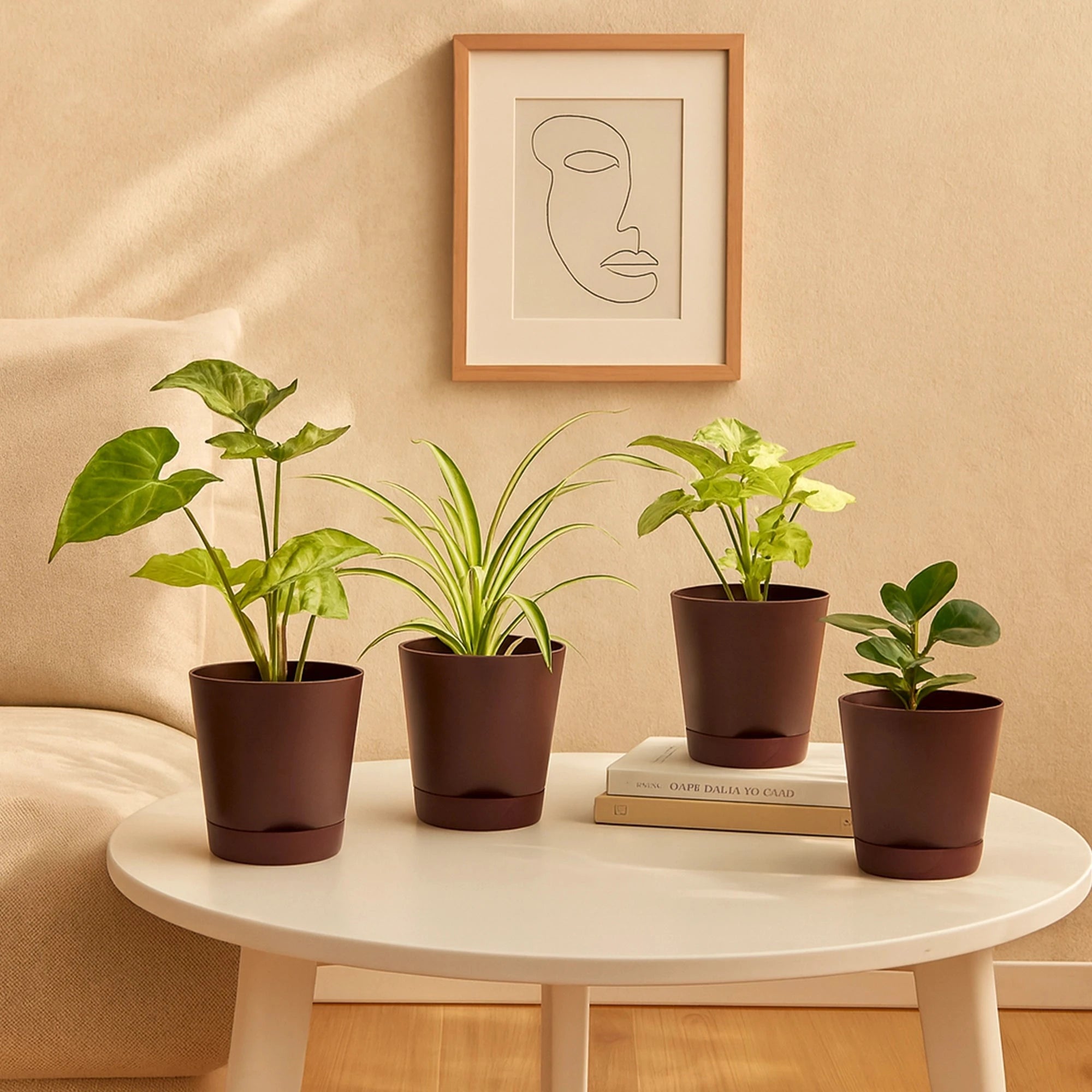 Vivid Self Watering Pot - (Set Of 4) Plastic Pot Urban Plant Brown Set of 4