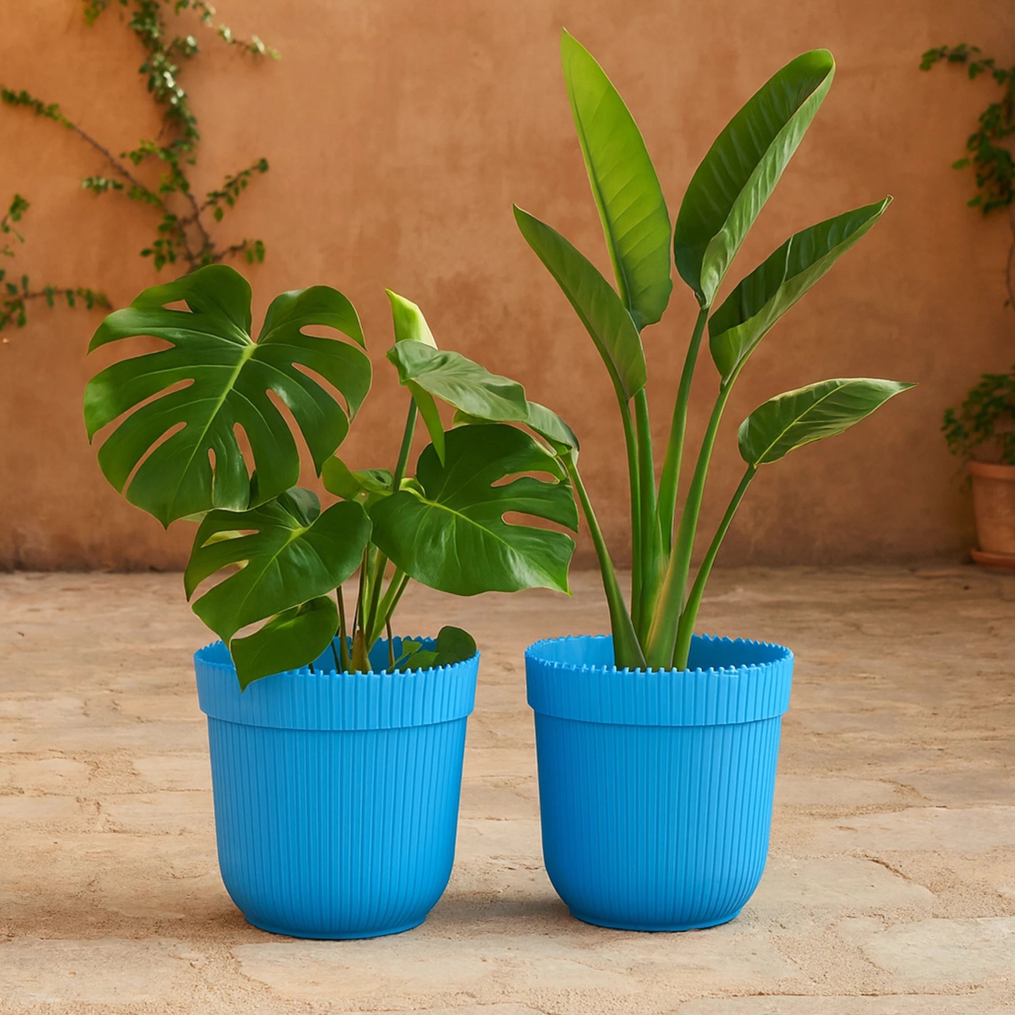 Polymer Round Pots - (Set of 2) Plastic Pot Urban Plant Blue 2