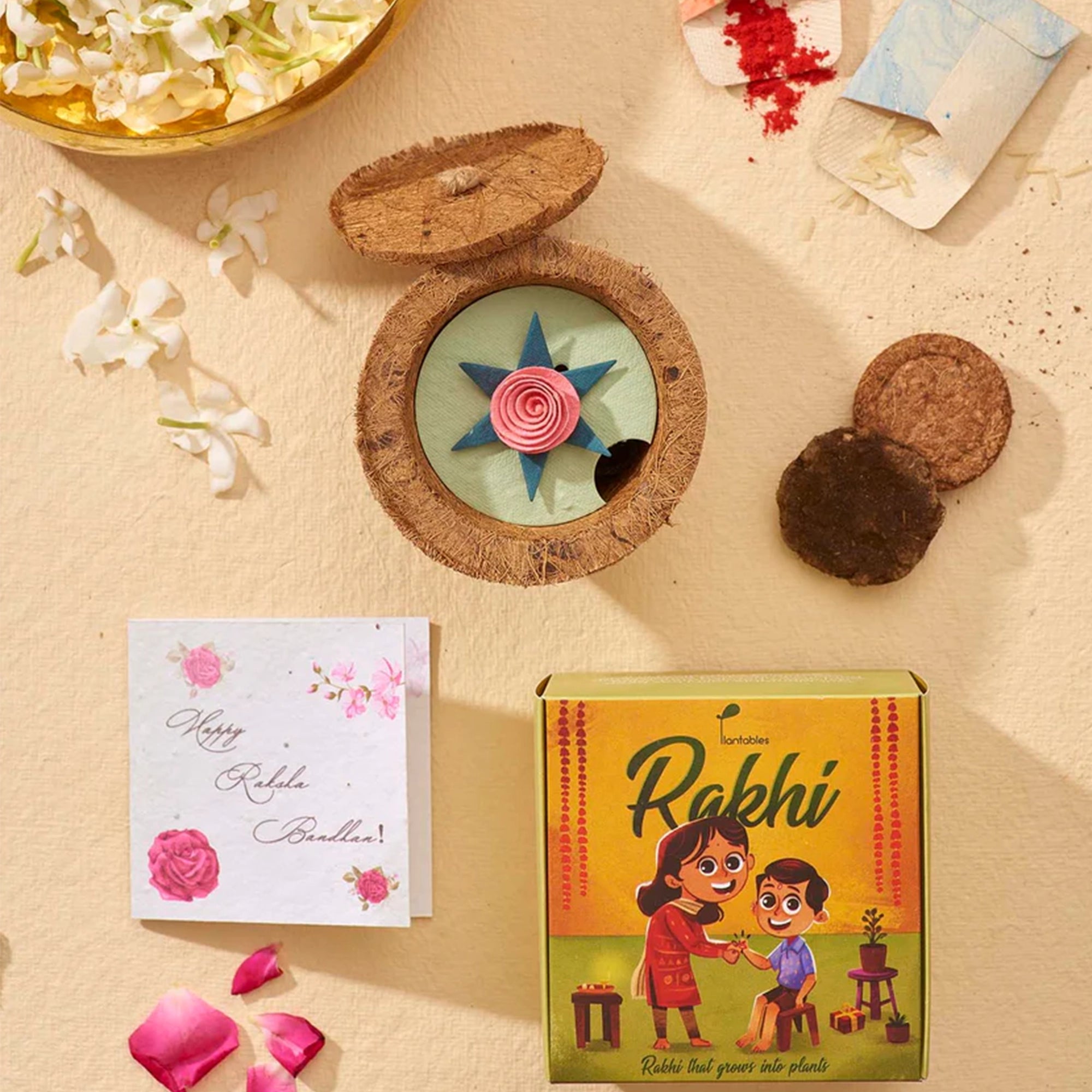 Urban Plant Plantable Rakhi Kit Includes Rose rakhi (Seed Embedded), Coir Pot, Cocopeat Coin, Cow Dung Coin, Coir Lid, Greeting Card, Roli & Chawal Packet Urban Plant