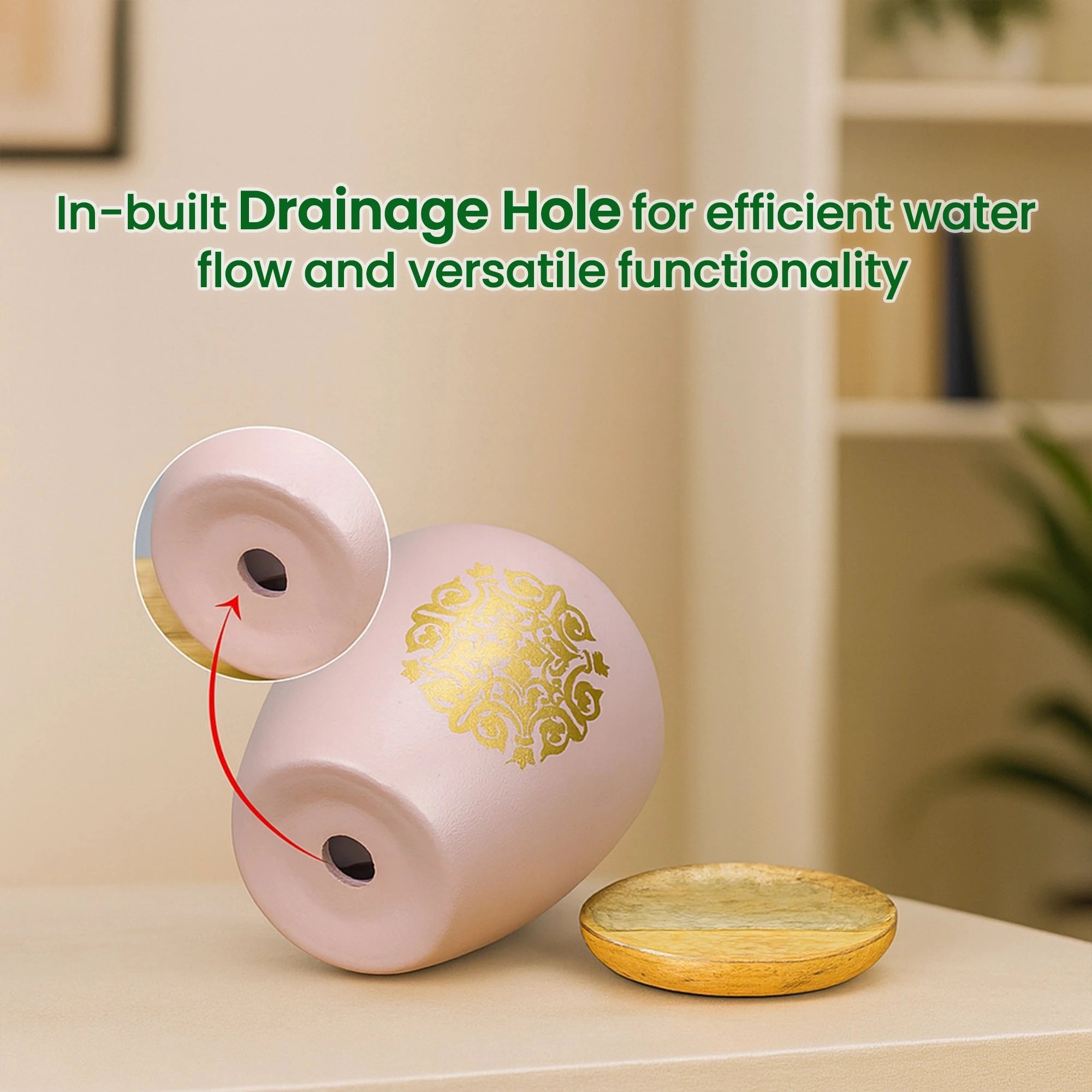 Motif Terracotta Pot With Wooden Saucer Urban Plant