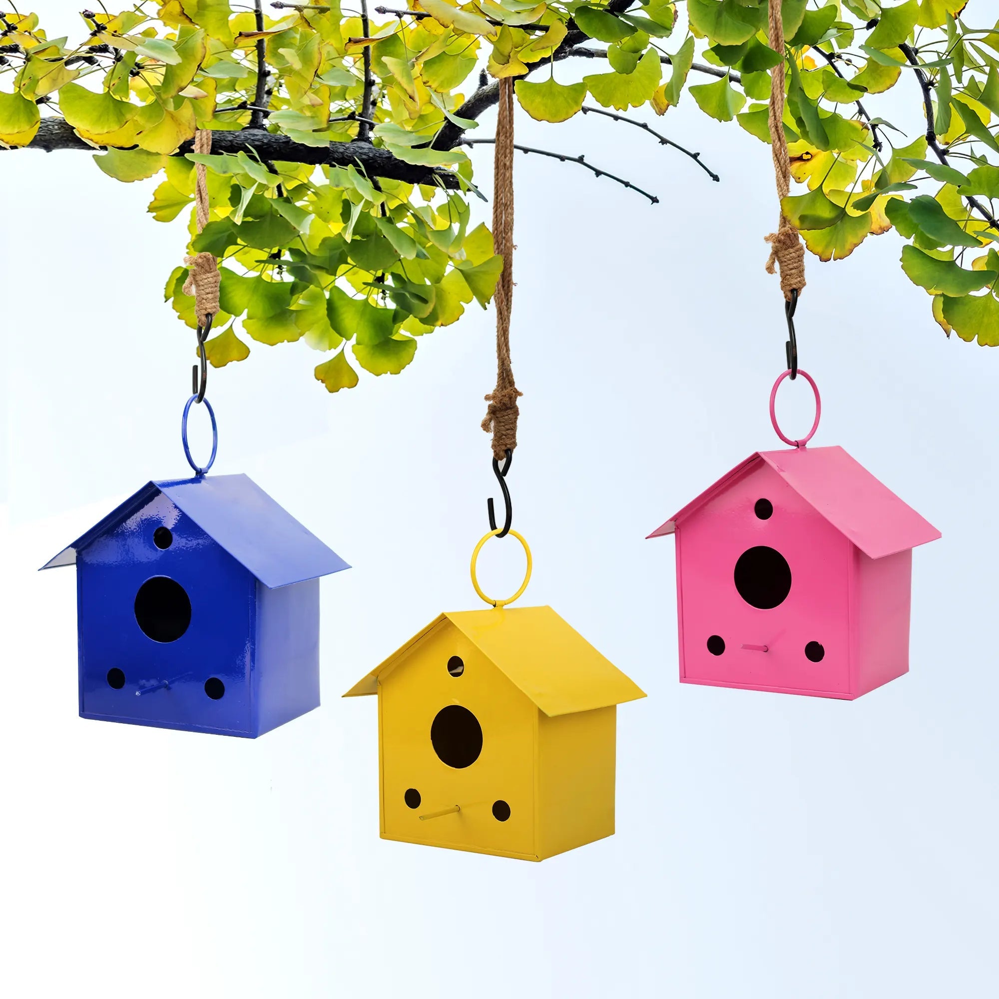 Colorful Metal Hanging Bird House-Set of 3 - 1210 Y,B,P