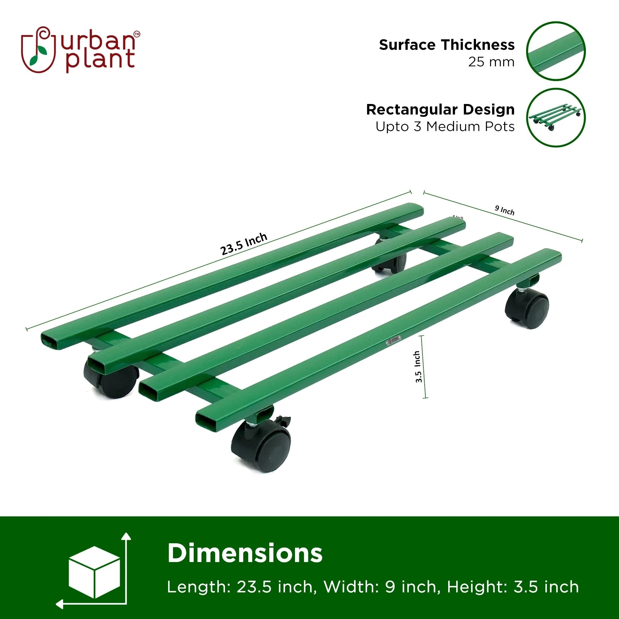 Urban Plant Rectangular Caddy with Wheel Rolling Plant Stand (Green - Set of 4) Metal Stand Urban Plant