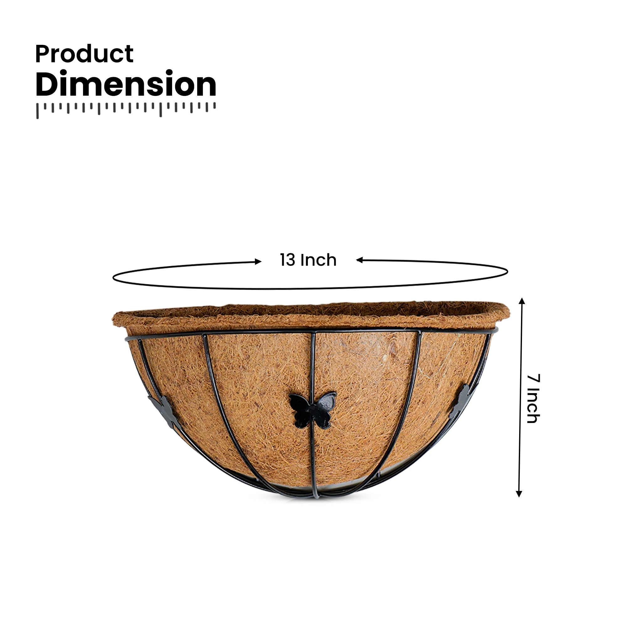 HALF MOON coir wall planter 13 inch wide and 7 inch high with metal basket frame