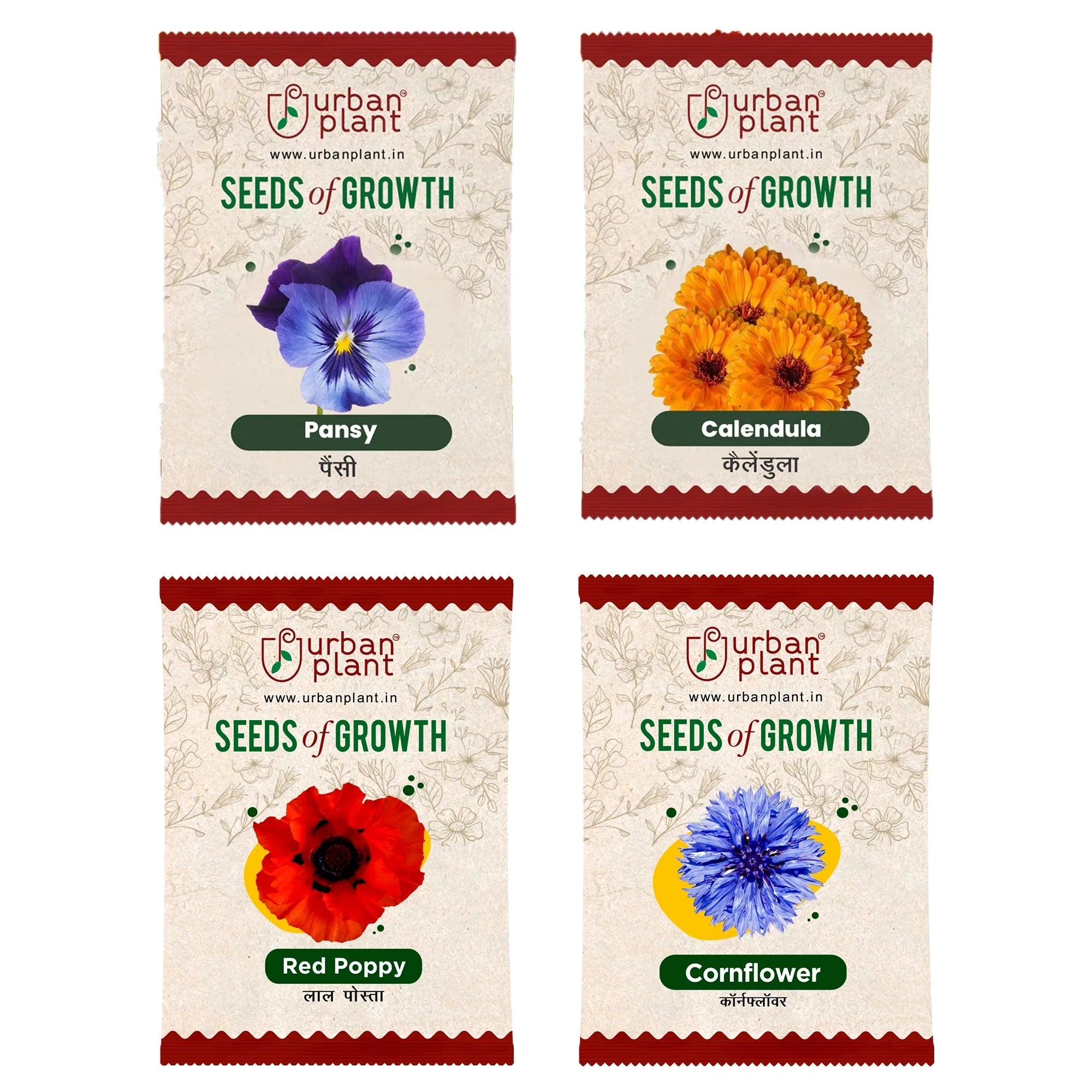 Pansy, Calendula, Red Poppy, Cornflower Flower Seeds - Bundle of 4 Packet Flower Seed Urban Plant