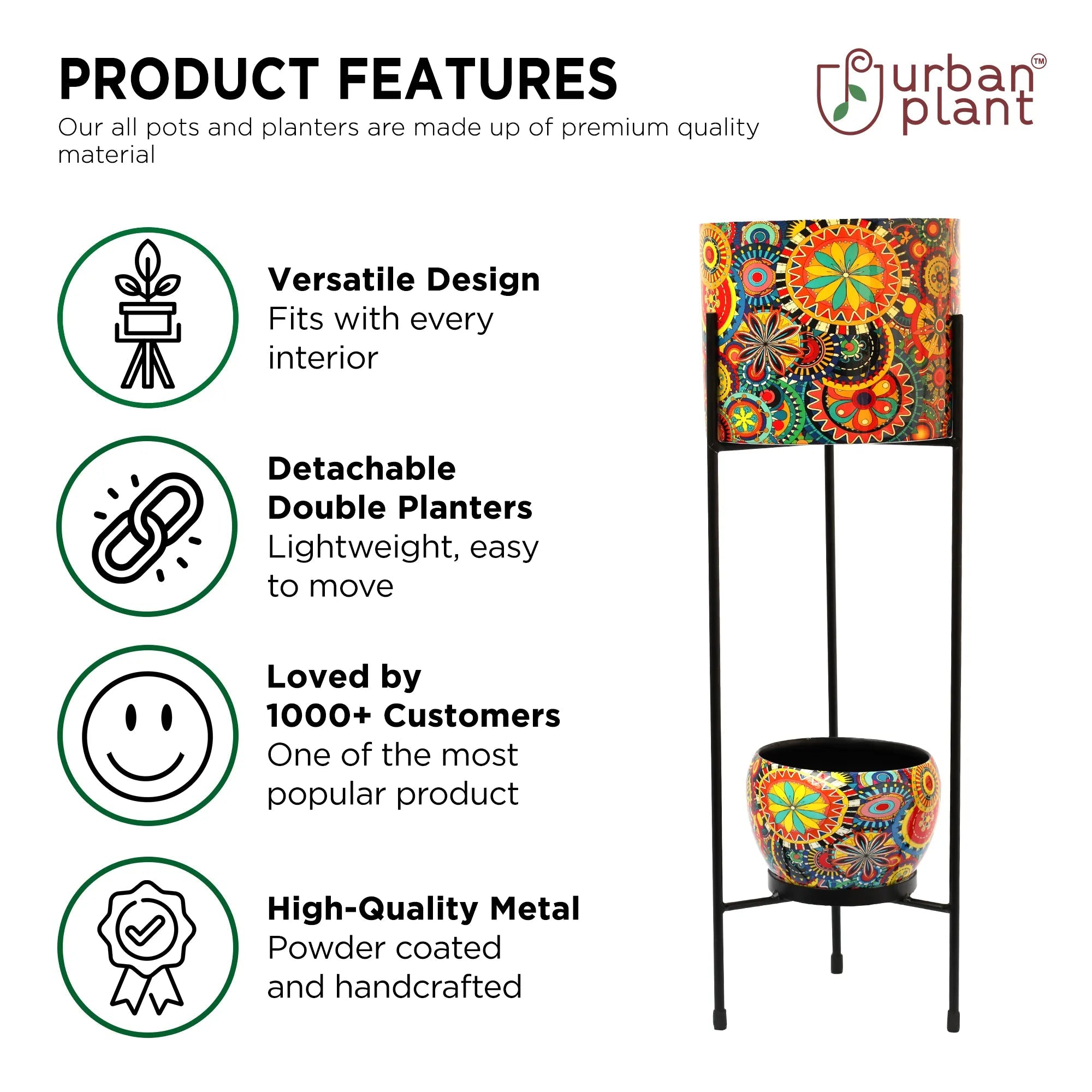 Round Metal Planters/Pots for Indoor Plants with Double Decker Stand Metal Planter Urban Plant