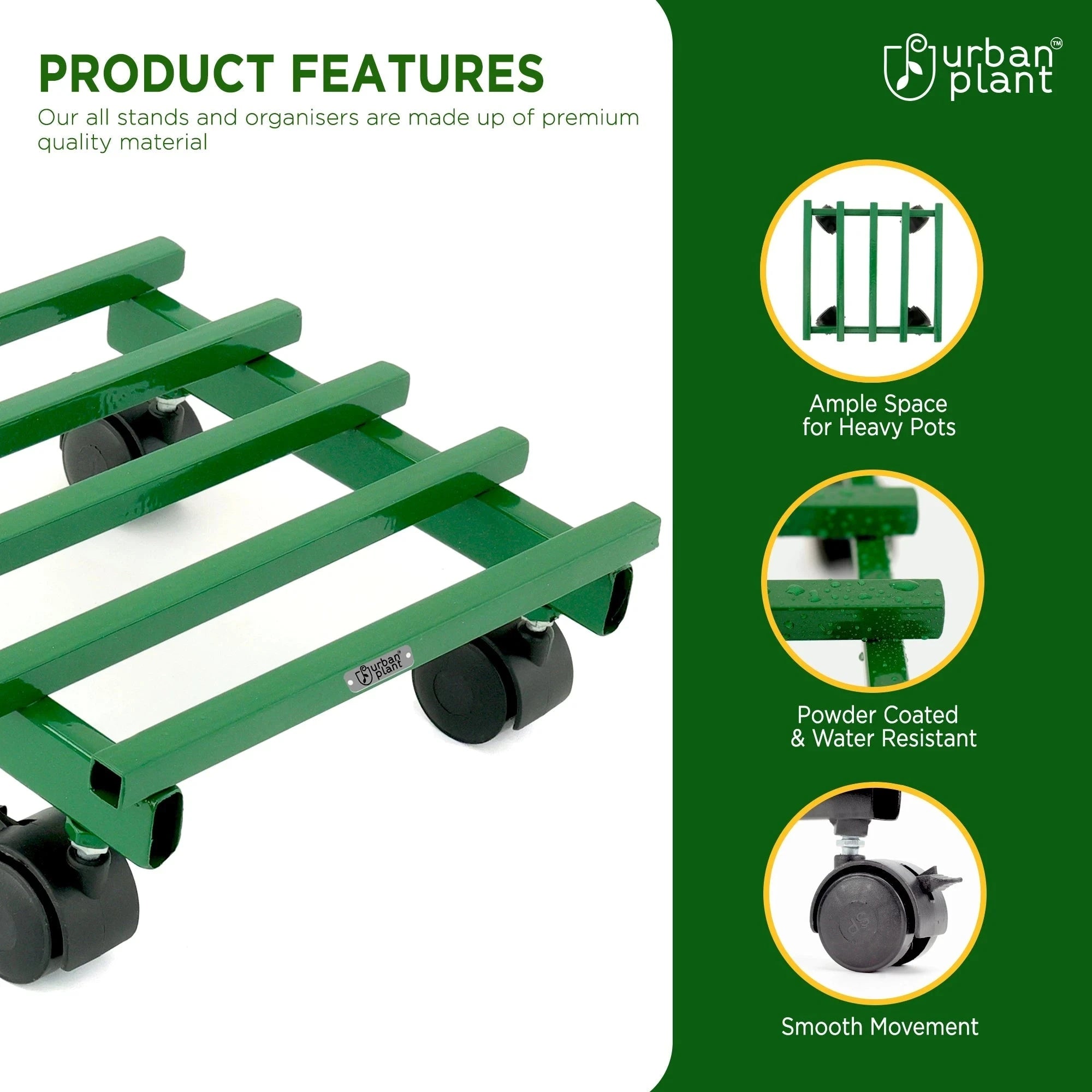 Urban Plant Square Caddy with Wheel Rolling Plant Stand (Green - Set of 4) Metal Stand Urban Plant