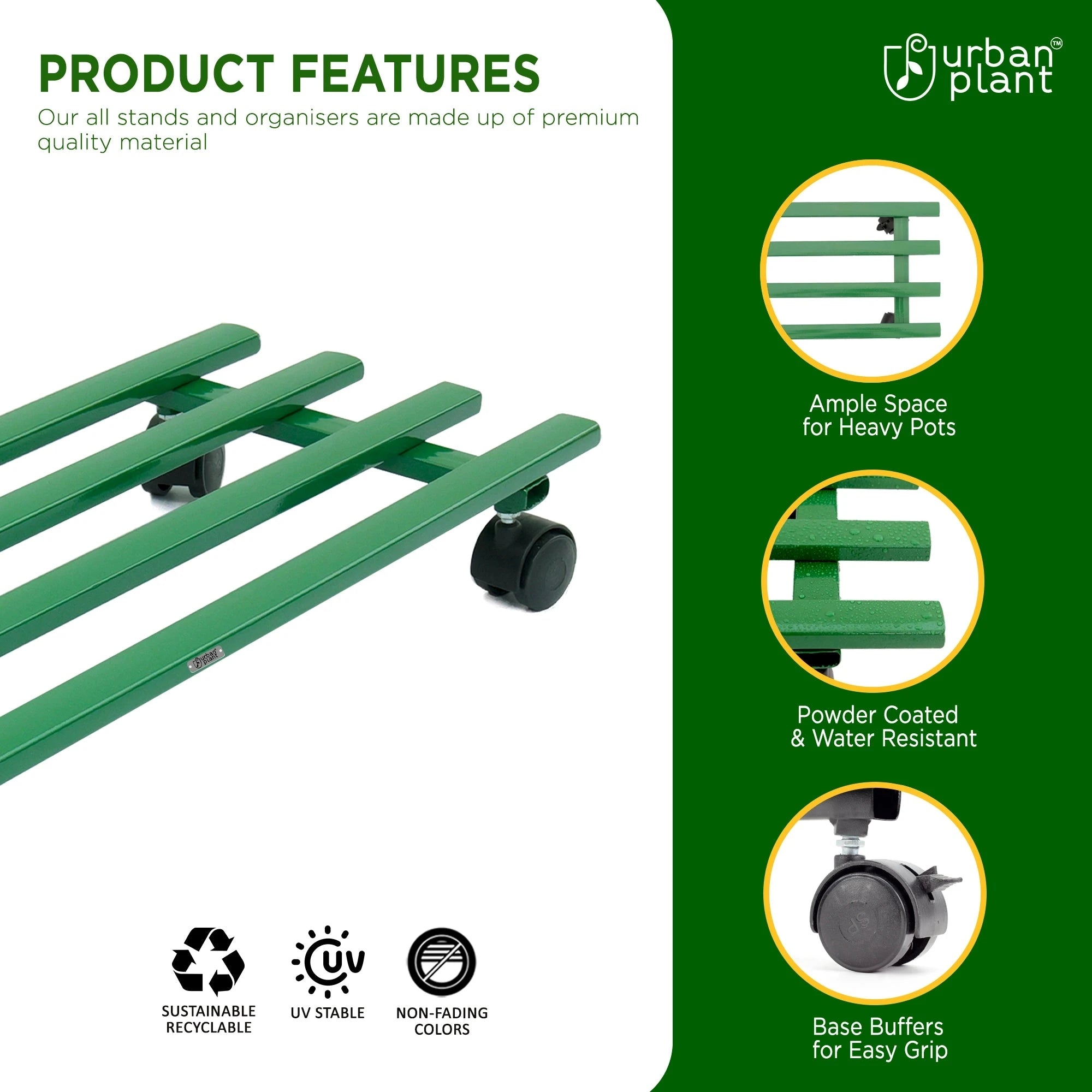 Urban Plant Rectangular Caddy with Wheel Rolling Plant Stand (Green - Set of 4) Metal Stand Urban Plant
