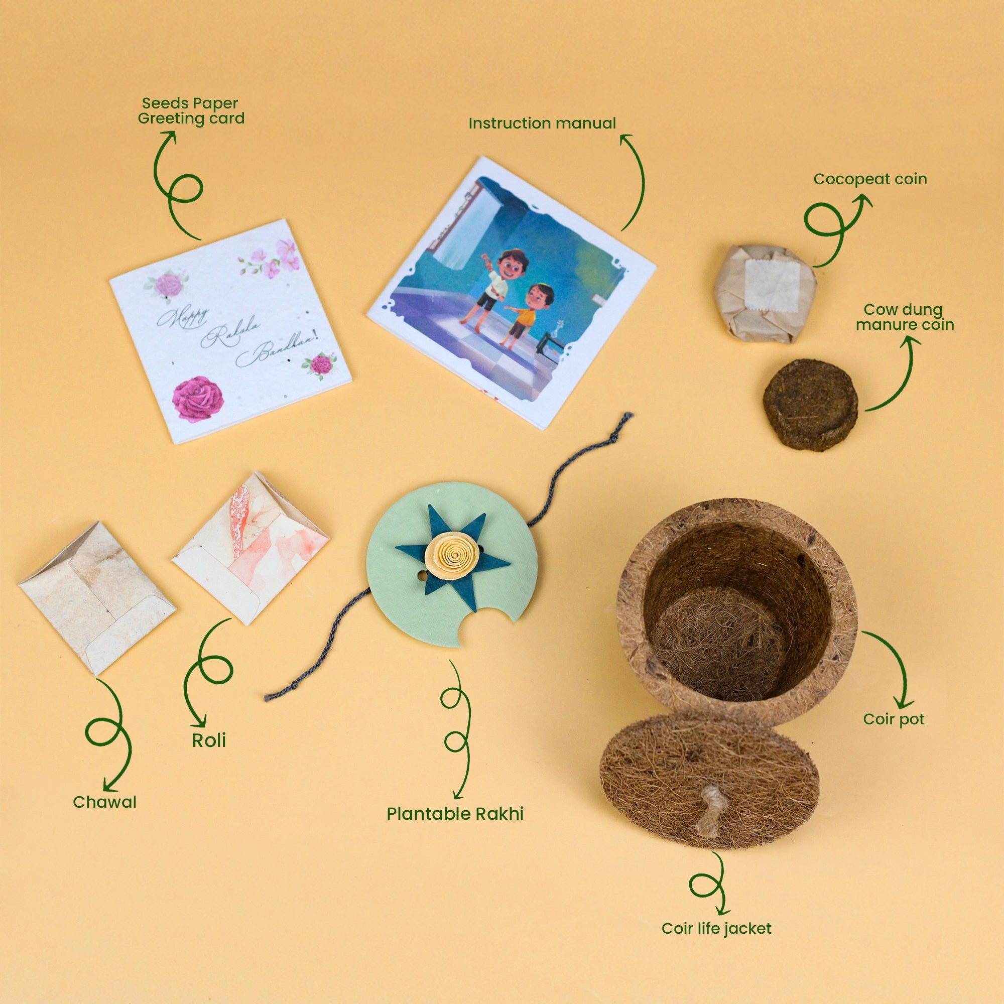 Urban Plant Plantable Rakhi Kit Includes Rose rakhi (Seed Embedded), Coir Pot, Cocopeat Coin, Cow Dung Coin, Coir Lid, Greeting Card, Roli & Chawal Packet Urban Plant