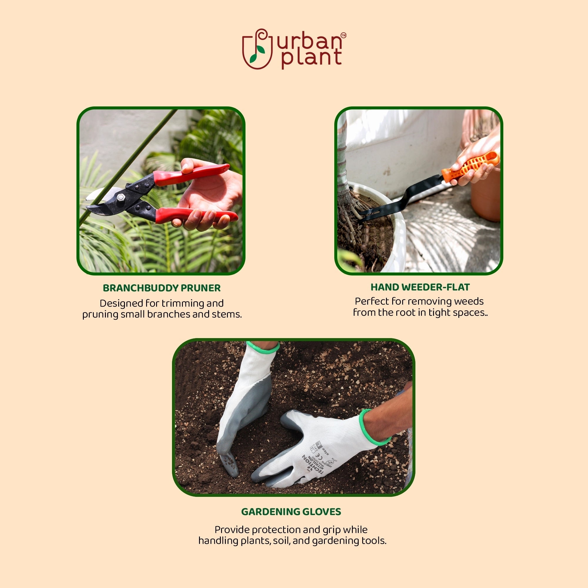 Urban Plant Essential Gardening Tools Kit - 7 Pcs [Khurpi, Cultivator, Fork, Trowel, Weeder, Pruner & Gloves] Urban Plant 