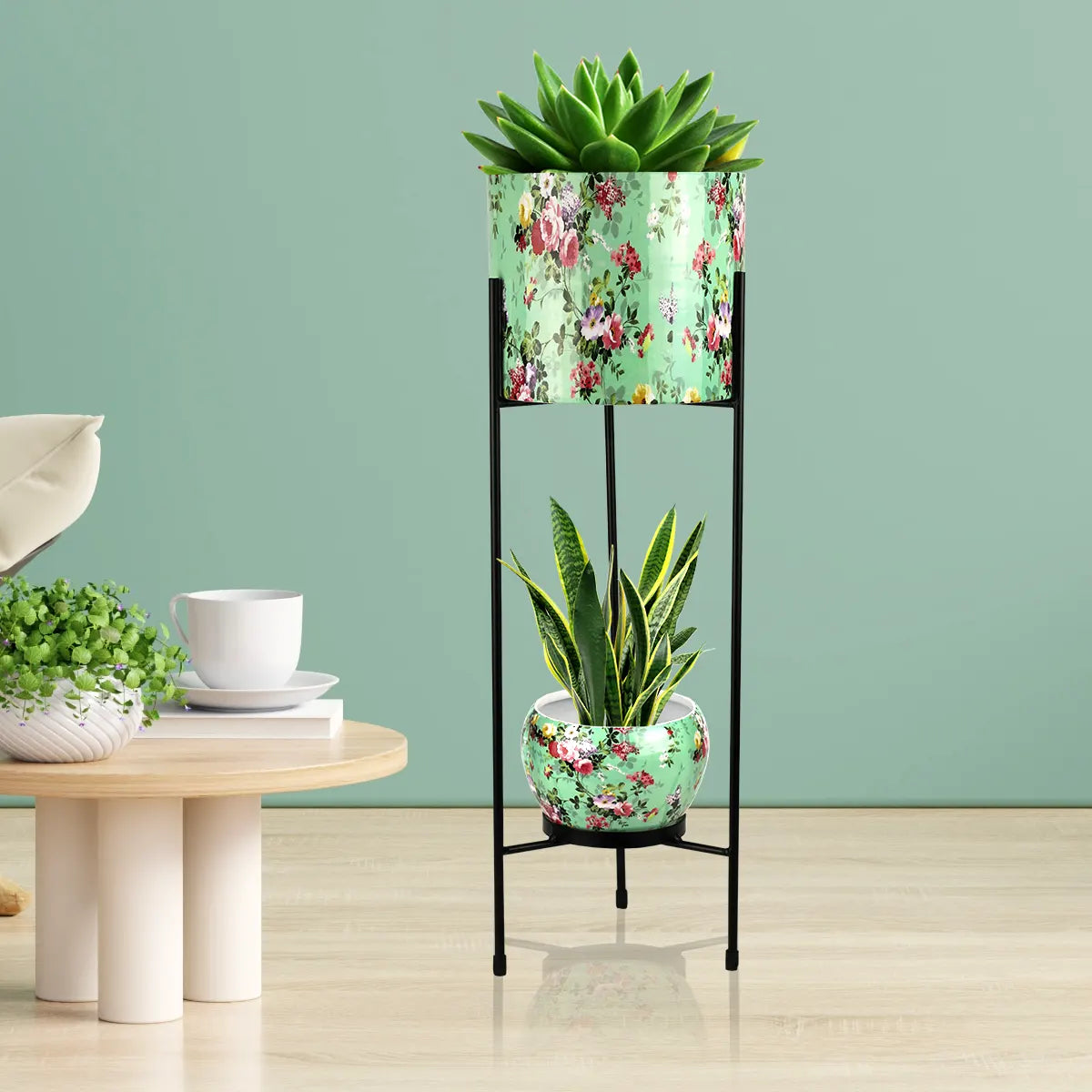 Round Metal Planters/Pots for Indoor Plants with Double Decker Stand Metal Planter Urban Plant Aqua Floral