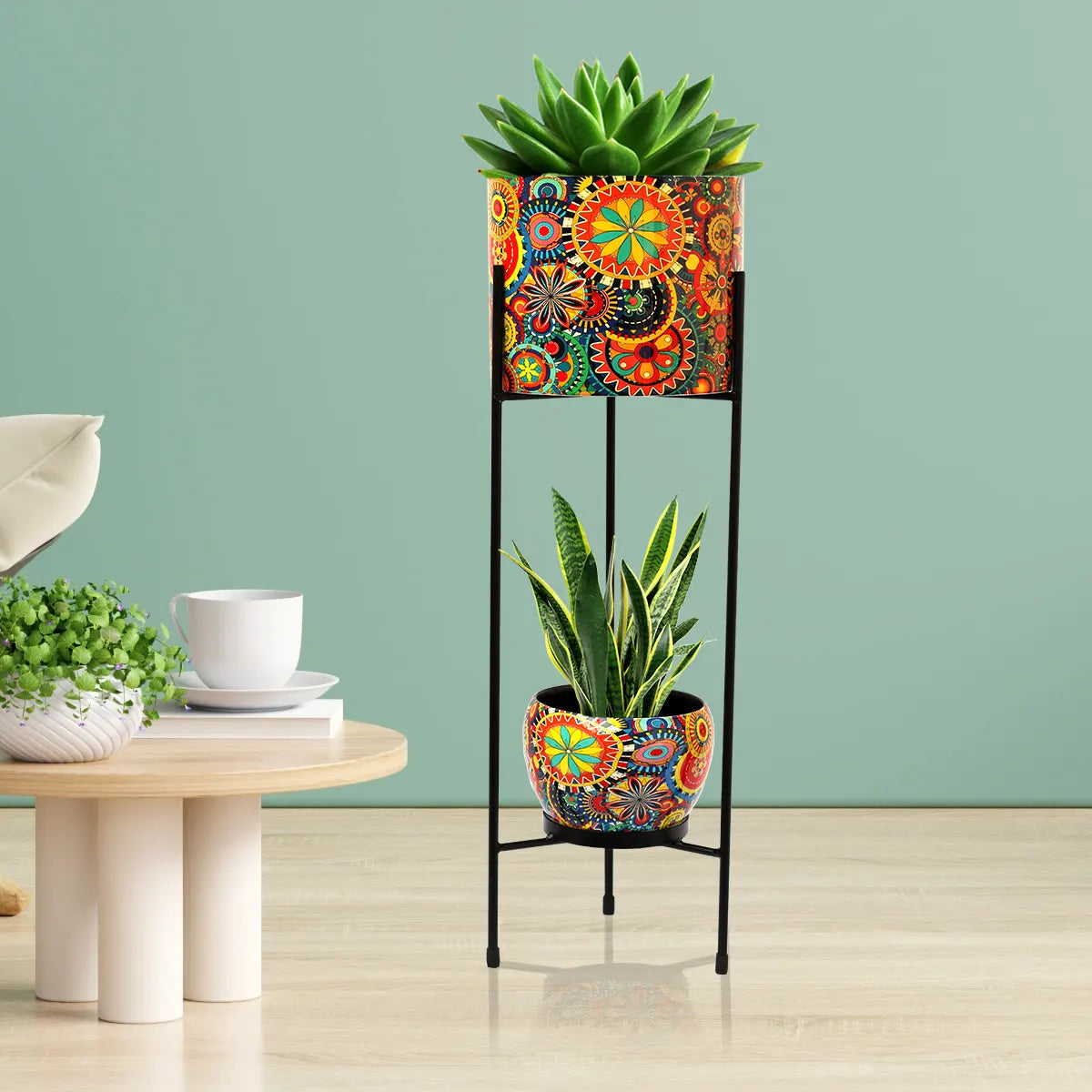 Round Metal Planters/Pots for Indoor Plants with Double Decker Stand Metal Planter Urban Plant Rangoli