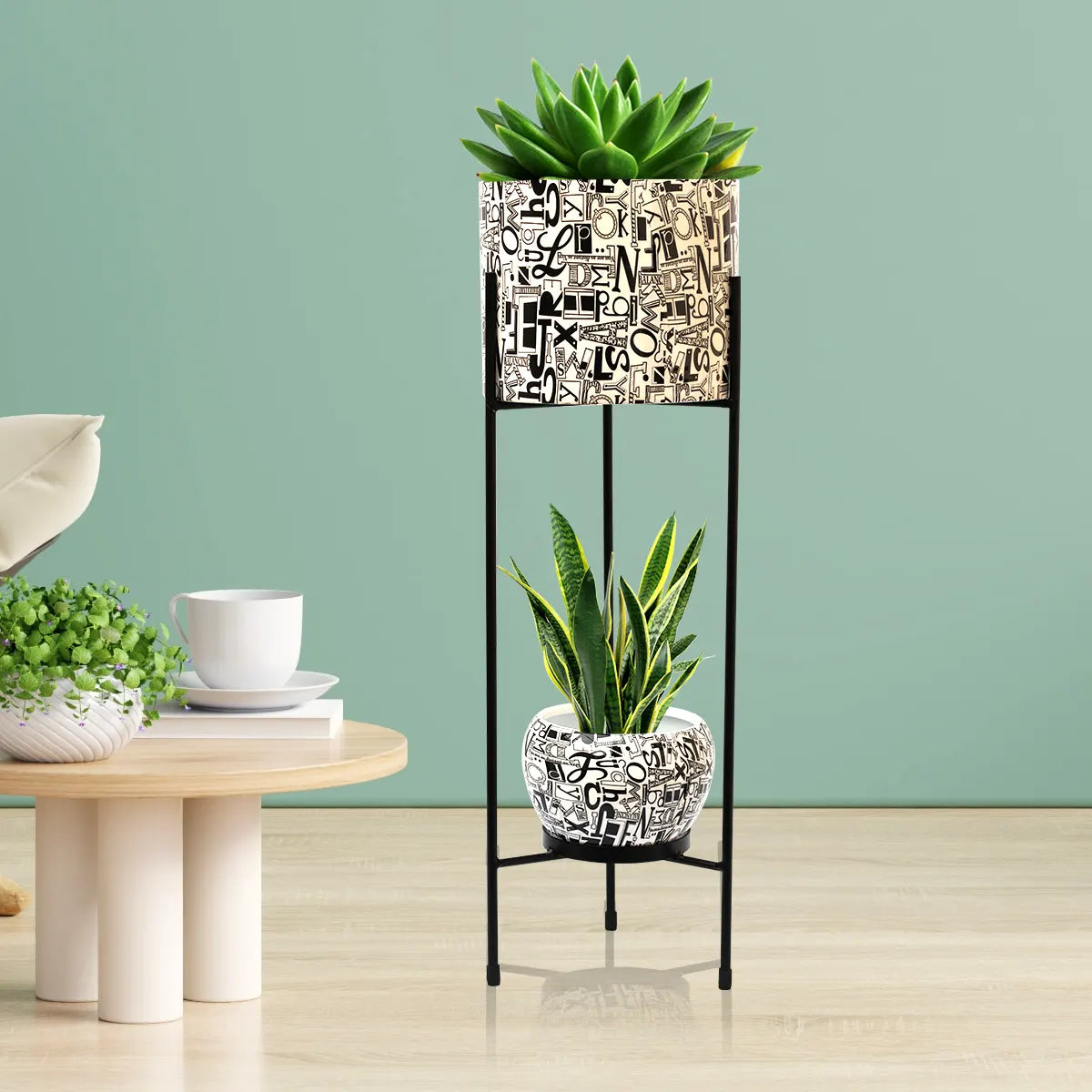 Round Metal Planters/Pots for Indoor Plants with Double Decker Stand Metal Planter Urban Plant