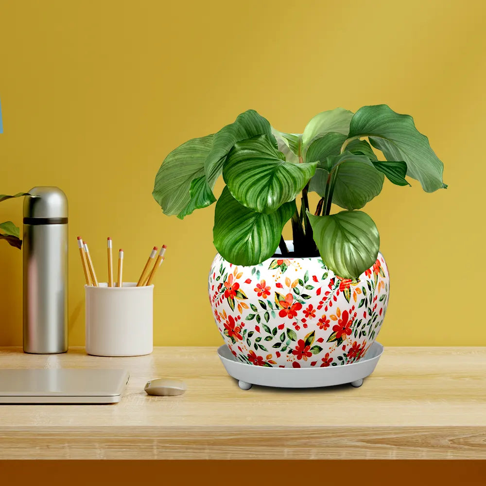 Round Designer Floral Metal Planter/Pot with Water Saucer Metal Planter Urban Plant Green with Red Floral