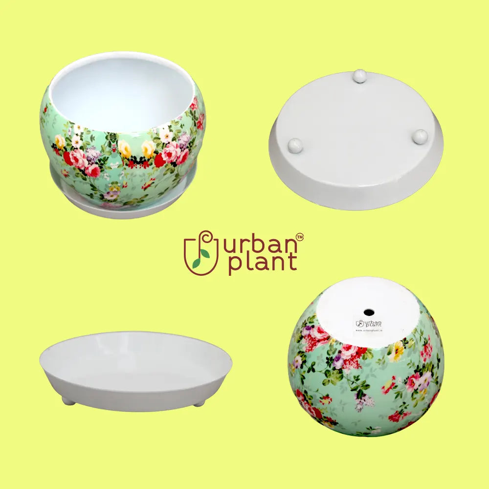 Round Designer Floral Metal Planter/Pot with Water Saucer Metal Planter Urban Plant