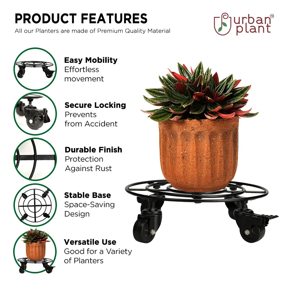 Metal Plant Caddy Iron Plant Stand with Lockable Wheels Gardening Tools Urban Plant 