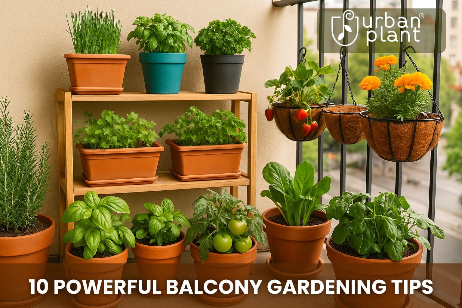 Urban Plant balcony garden setup with vegetables, herbs, and flowers in small pots and hanging planters — balcony gardening tips for Indian homes