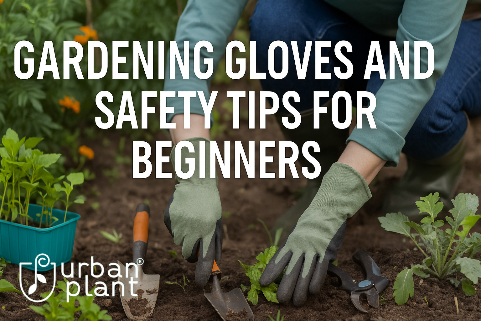 A gardener wearing protective gloves using hand tools in a backyard garden, demonstrating gardening safety tips and best gardening gloves for beginners