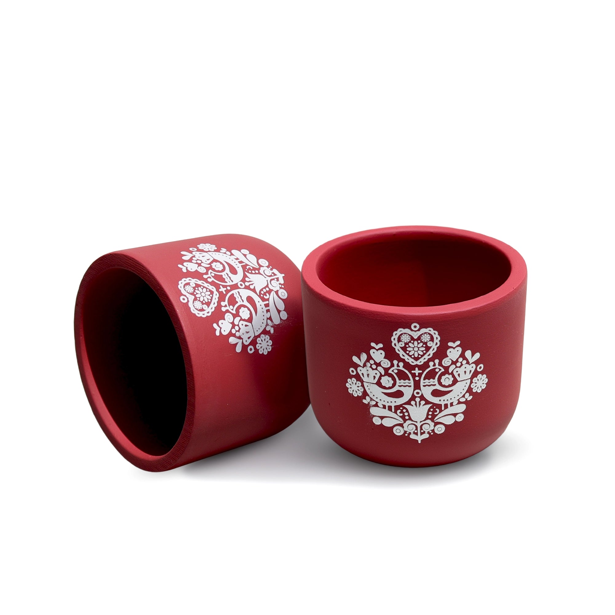 Folk Heart Terracotta Pot in red color with white folk heart and bird artwork by Urban Plant