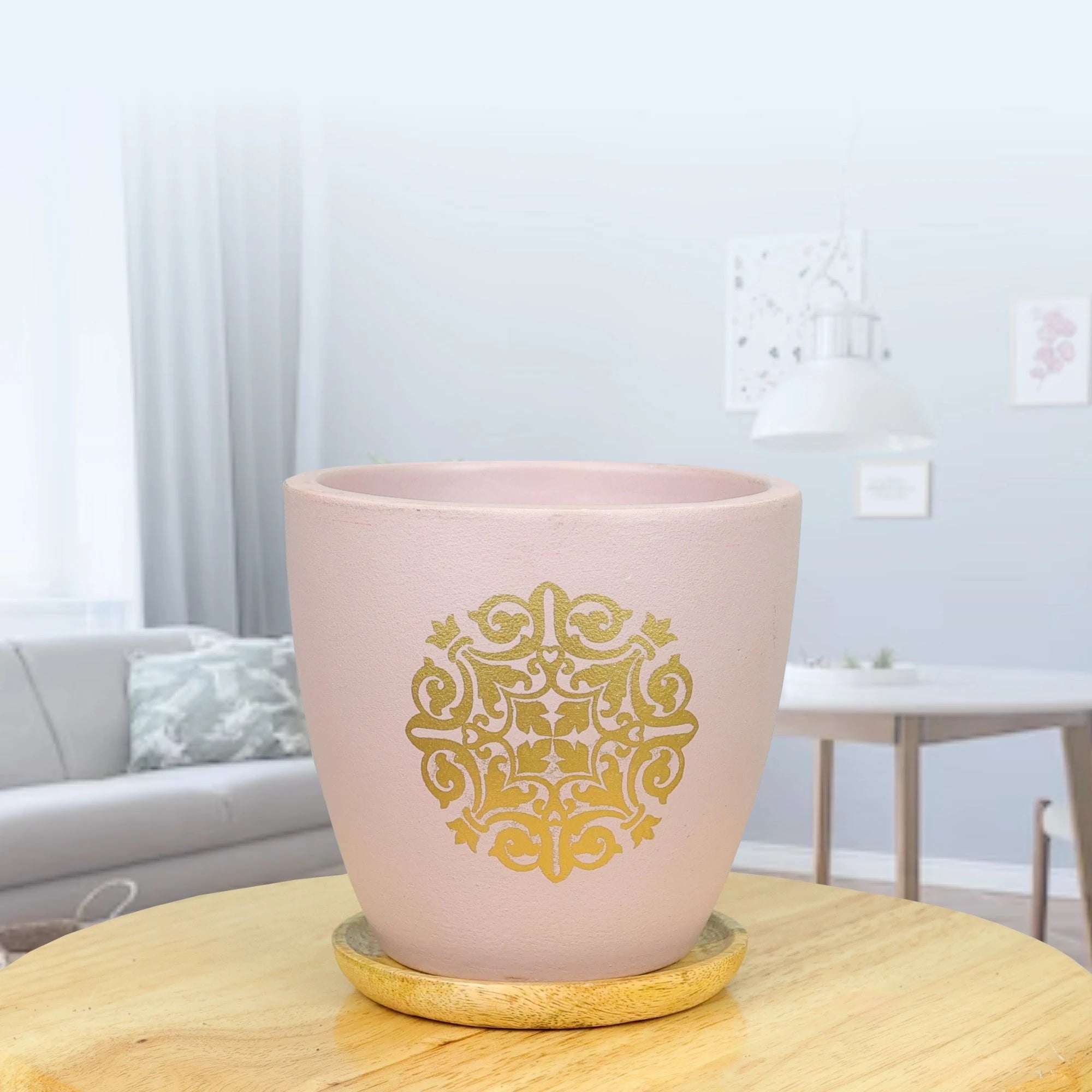 Motif Terracotta Pot With Wooden Saucer Urban Plant Pink 