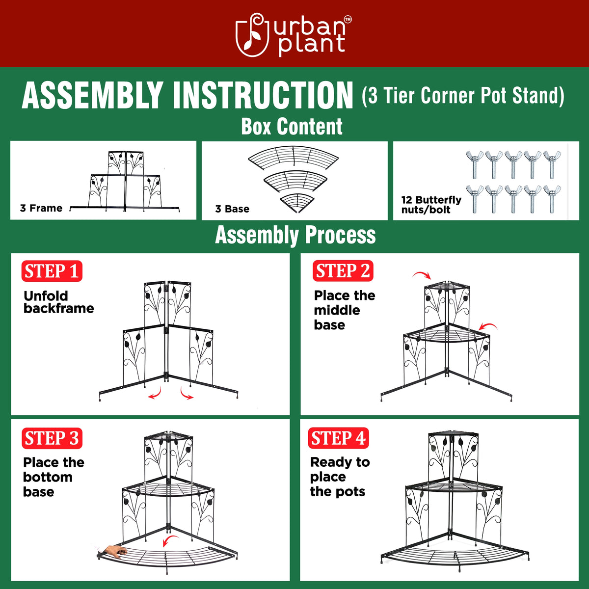 Urban Plant 3 Tier Corner Metal Stand for Compact Spaces assemble guide 