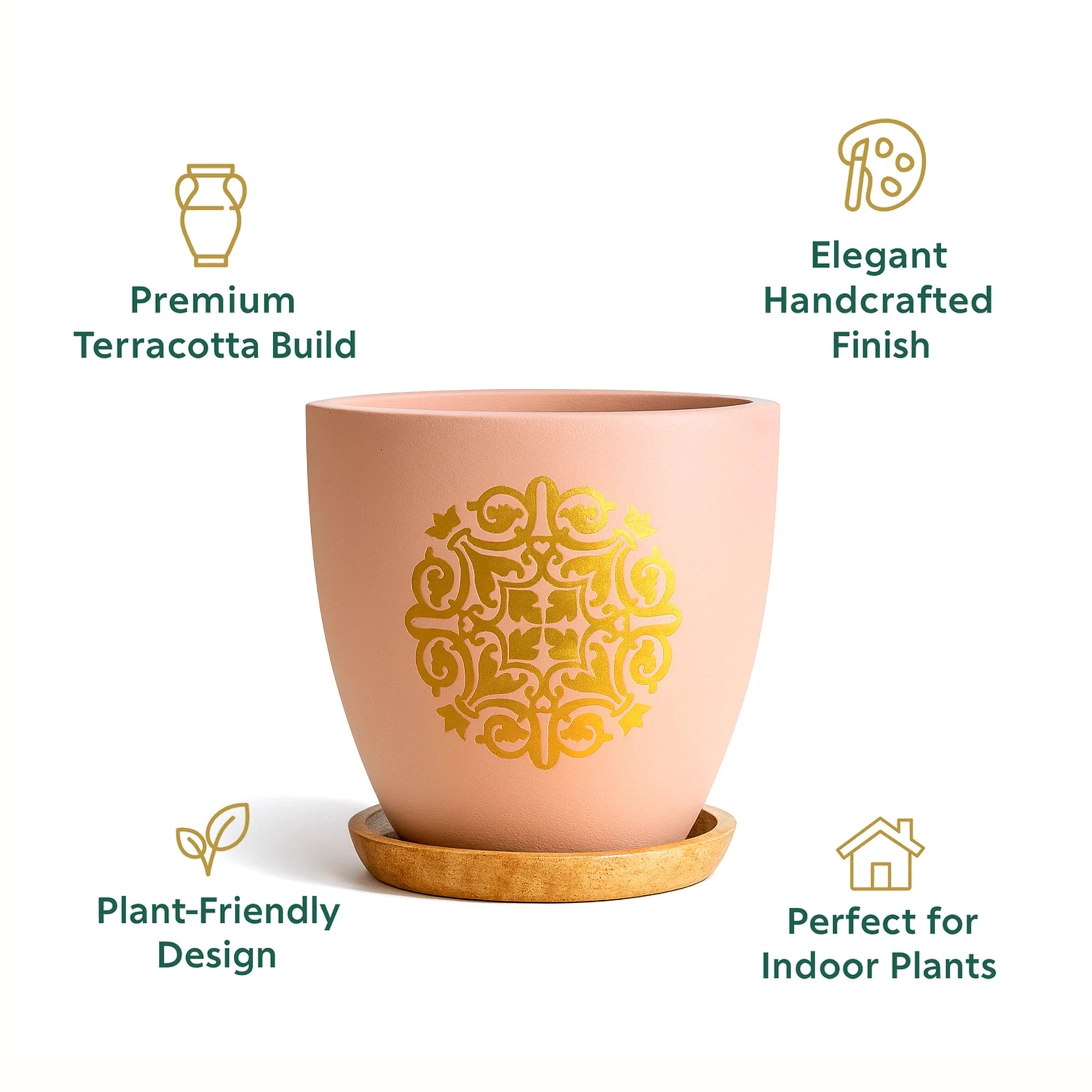Motif Terracotta Pot With Wooden Saucer Urban Plant 