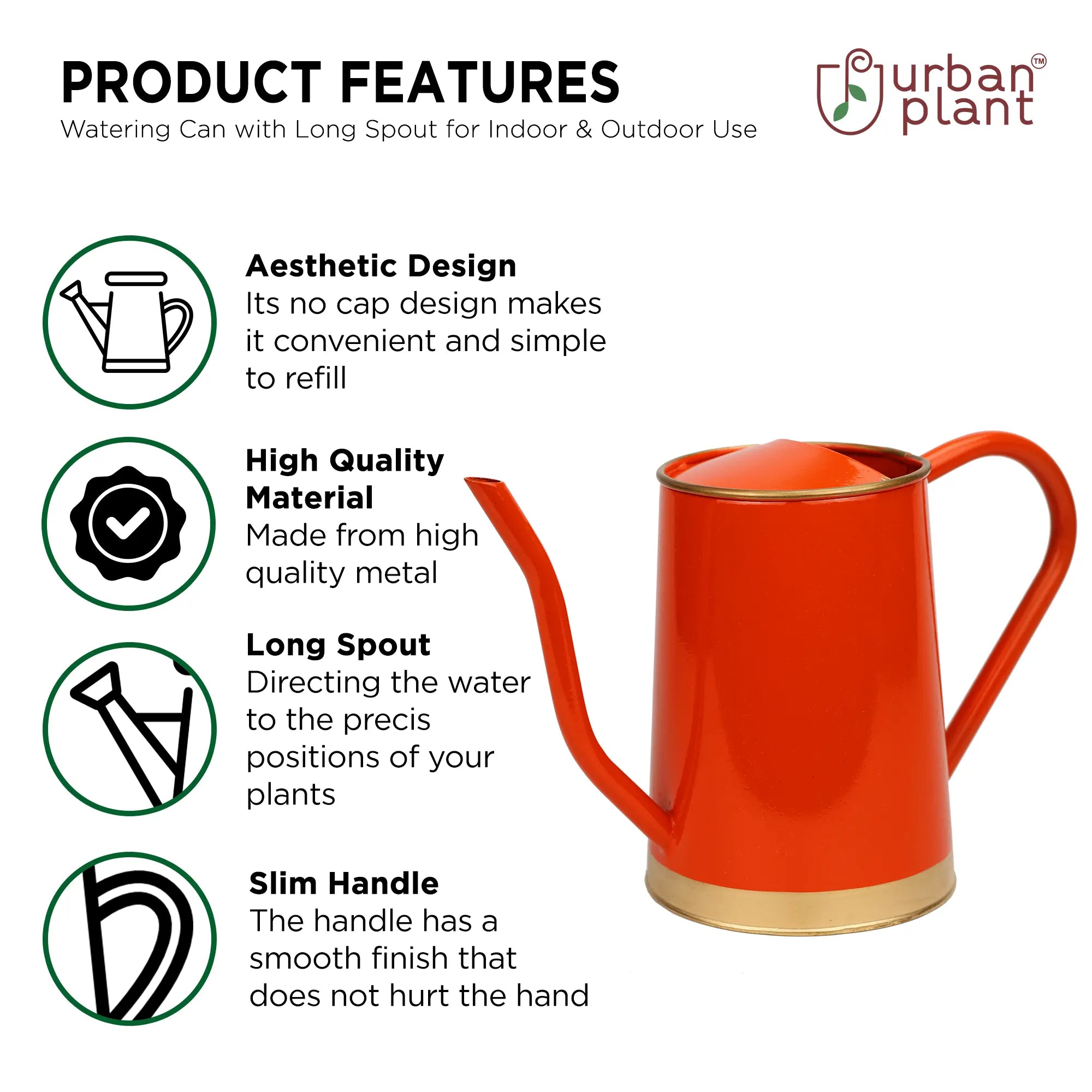 Urban Plant Metal Watering Can for Indoor & Outdoor Use | Best for Home Gardening | Terrace Garden Accessories | Watering Can with Long Spout - 1.5ltr Gardening Accessories Urban Plant 