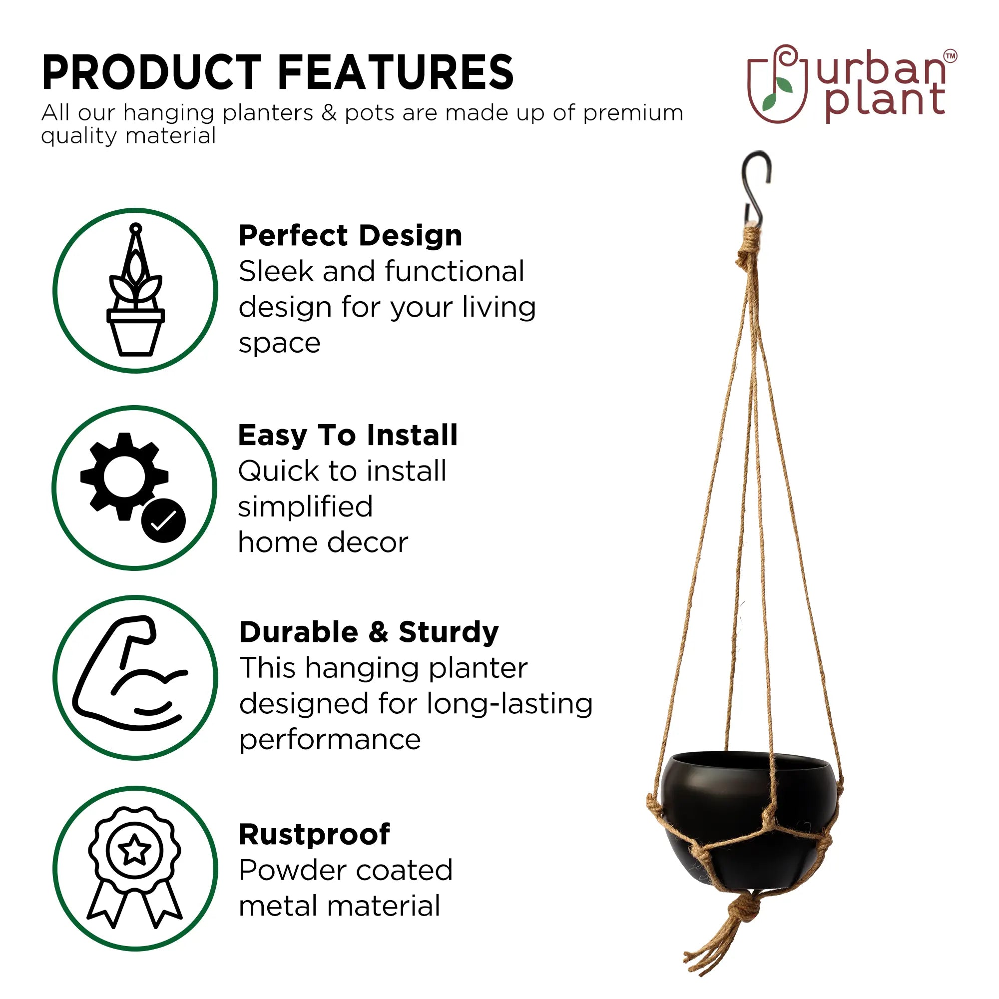 Decorative Hanging Round Planter with Natural Jute Rope Matte Metal Planter Urban Plant 
