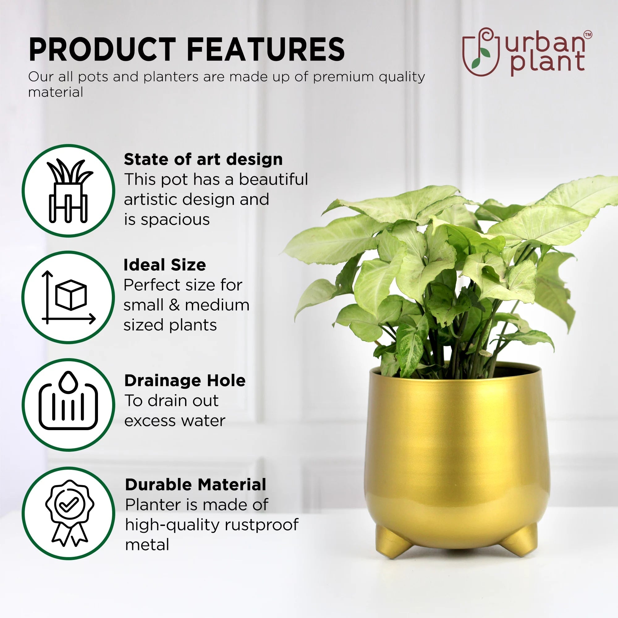 Gold Finish Metal Planter | Table Top Pot - 7.5 inch (No. 1509) Metal Planter Urban Plant 