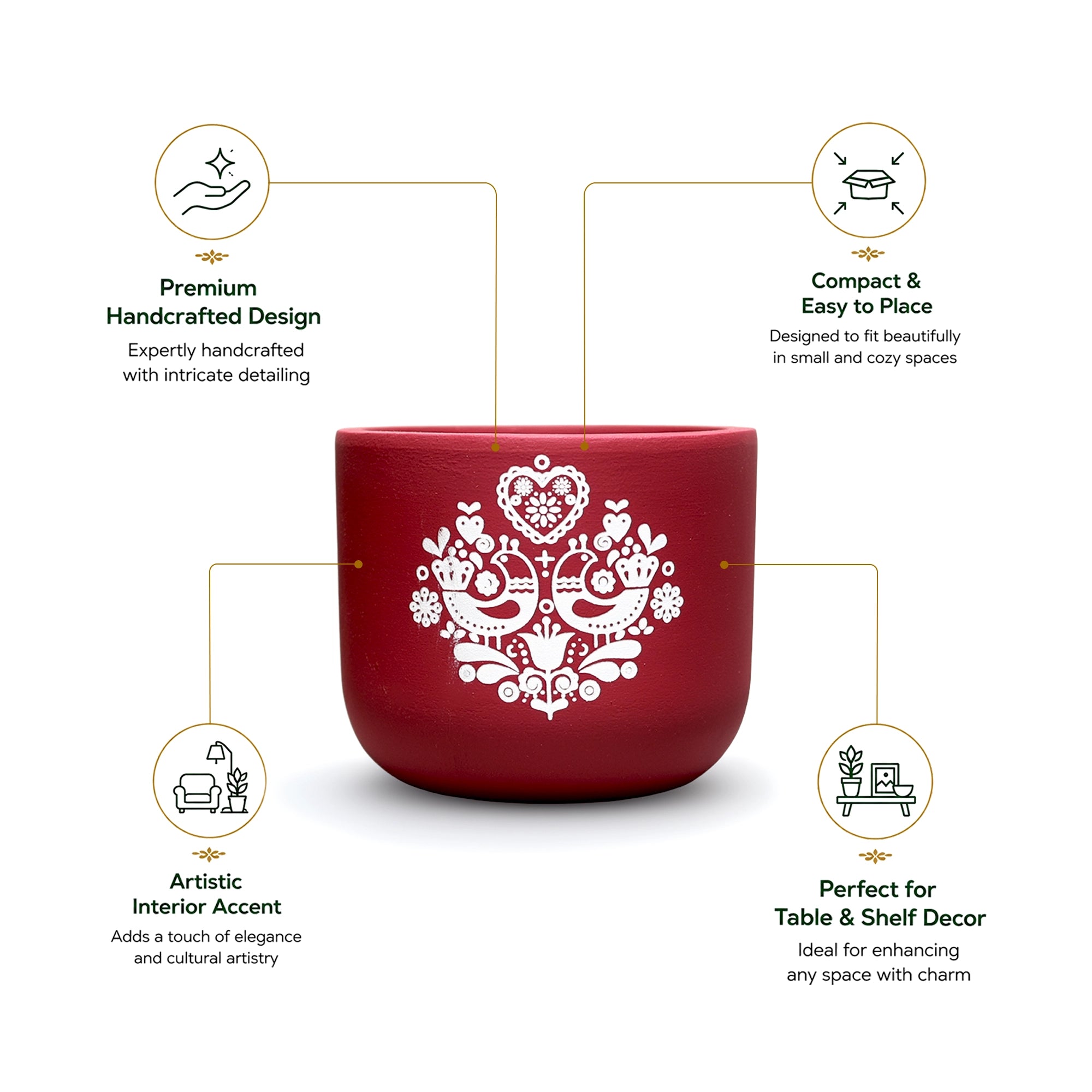 Folk Heart Terracotta Pot in red color with white folk heart and bird artwork