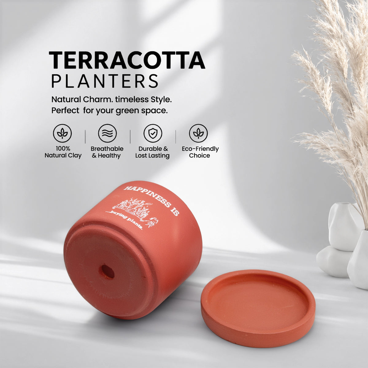 Joy Root Terracotta Pot with Saucer Pattern: Happy Plant