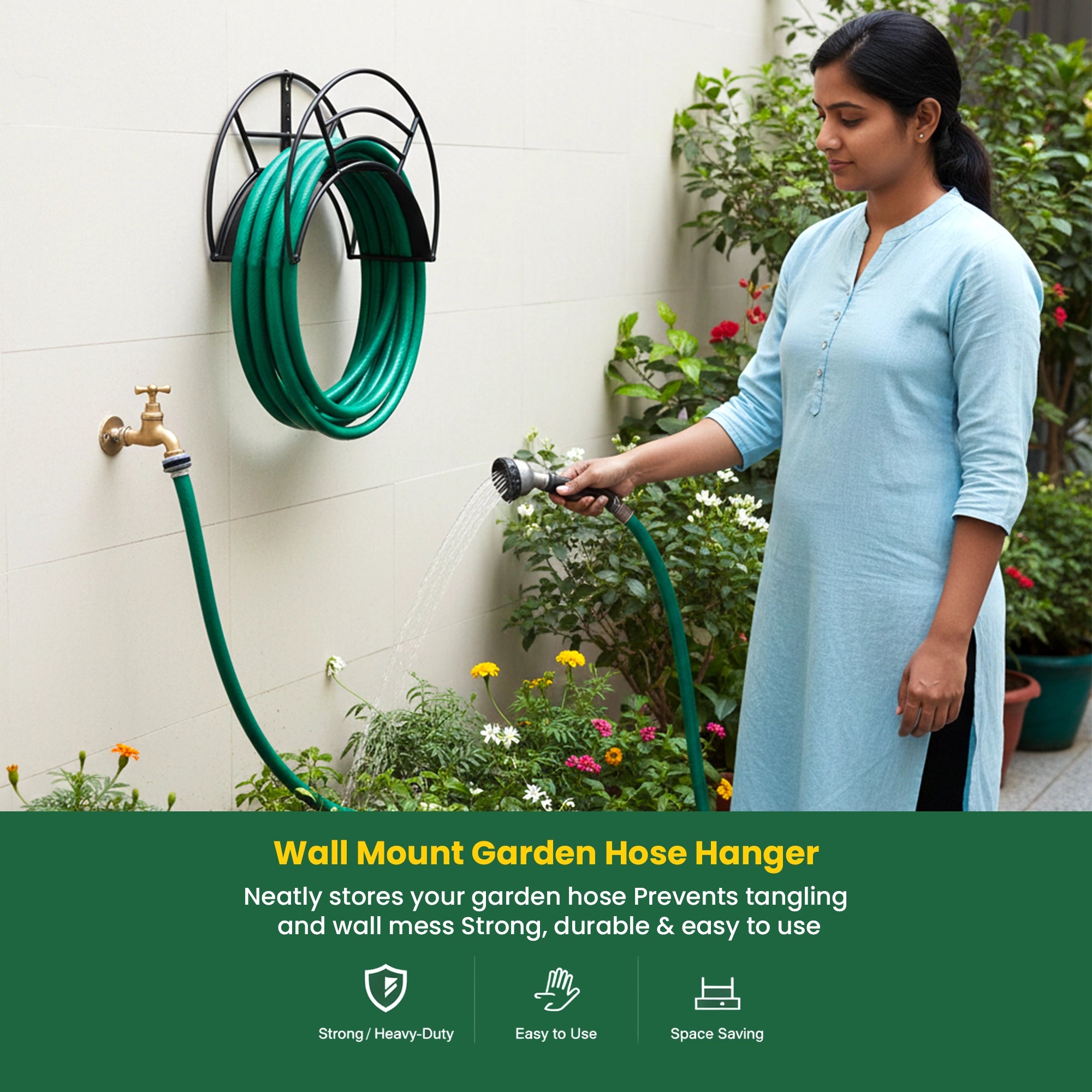 Urban Plant Wall Mount Garden Hose Hanger (Black) lifestyle