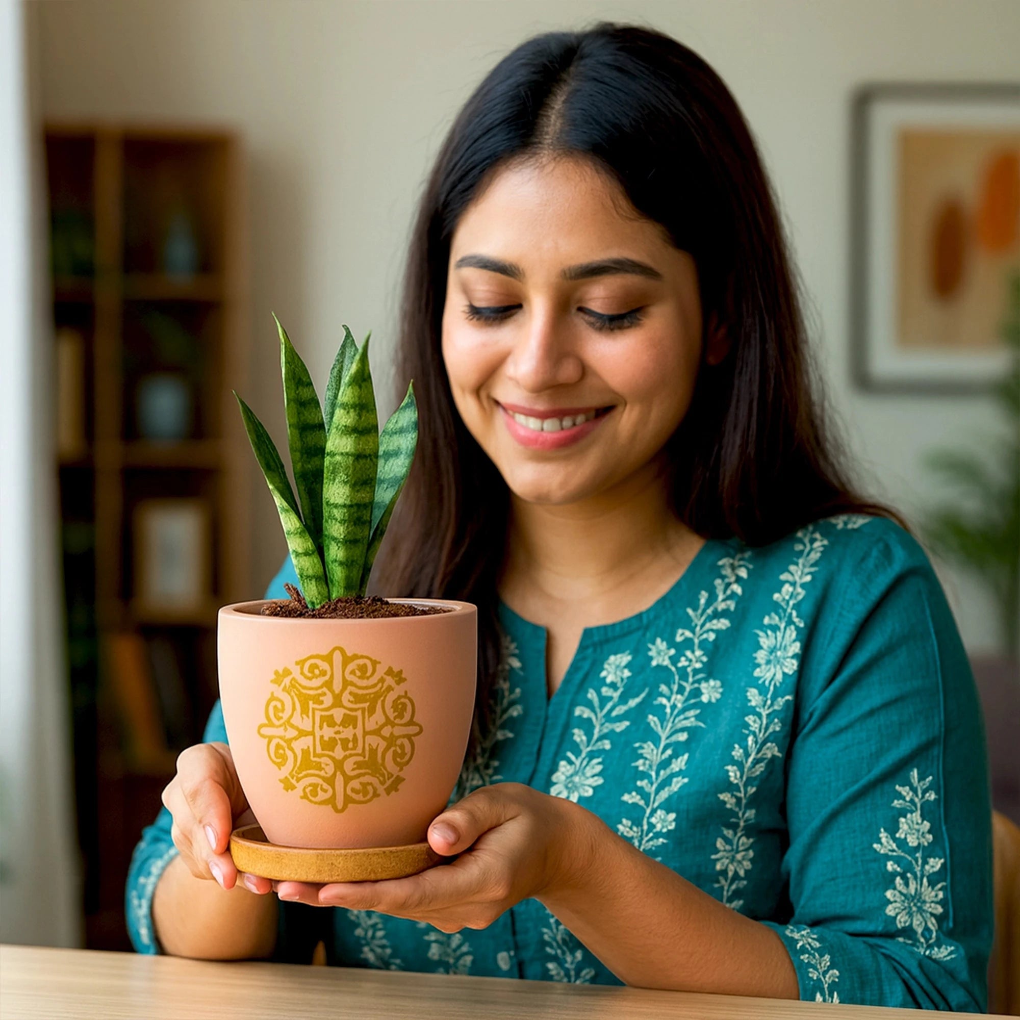 Motif Terracotta Pot With Wooden Saucer Urban Plant 