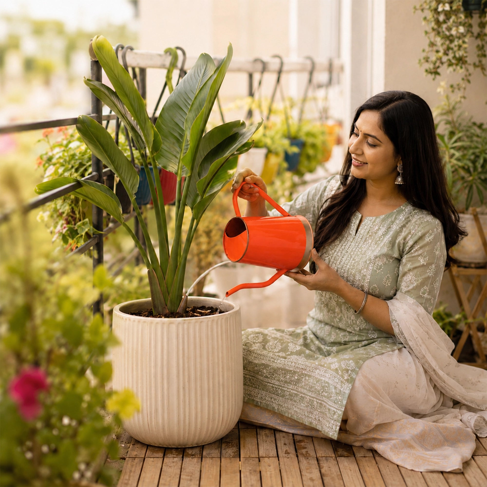 Urban Plant Metal Watering Can - 1.5 L for plants in orange color 